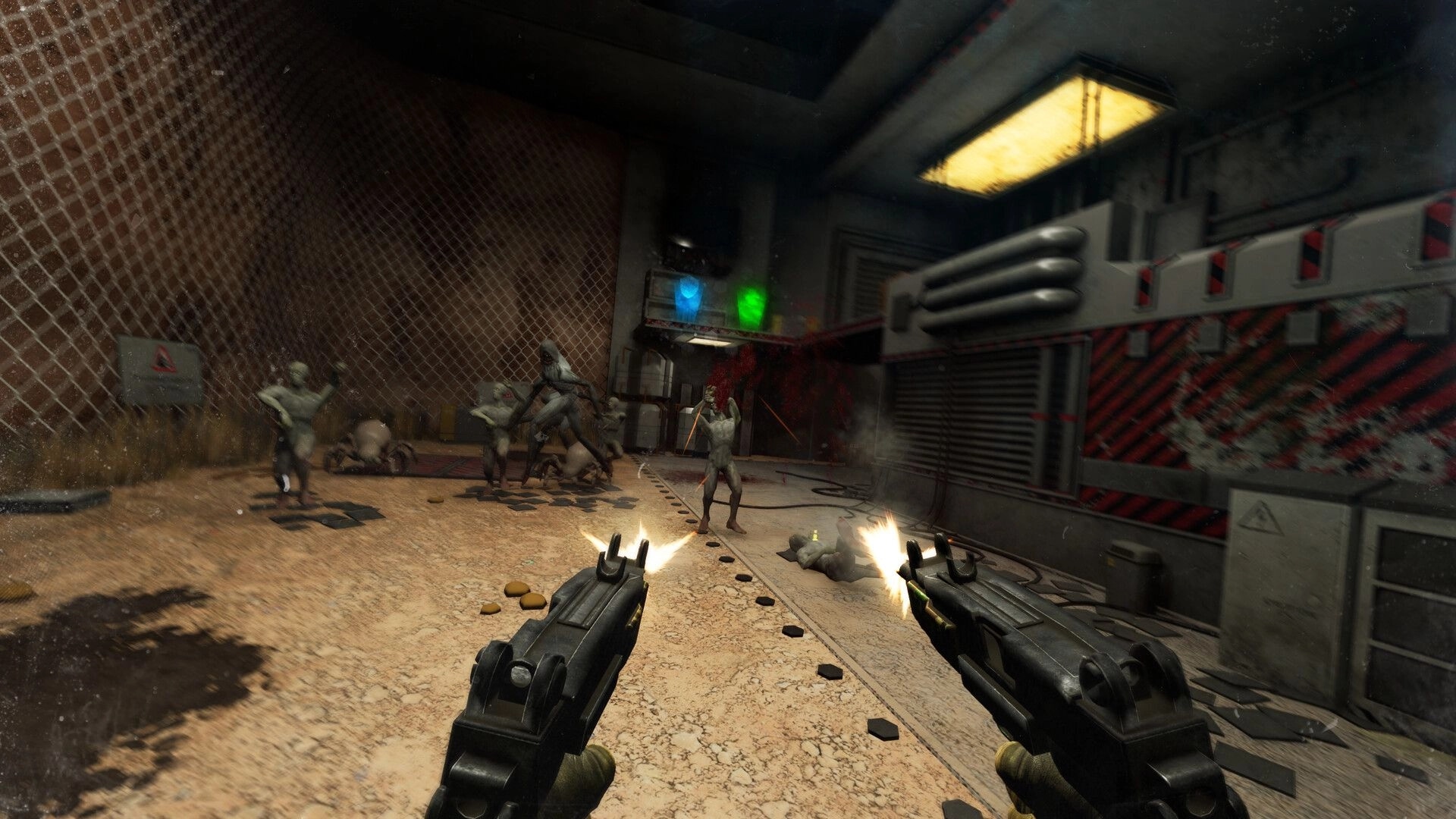 KILL BREACH: Dual-wield pistols firing at mutant humanoids in a grimy industrial facility corridor.
