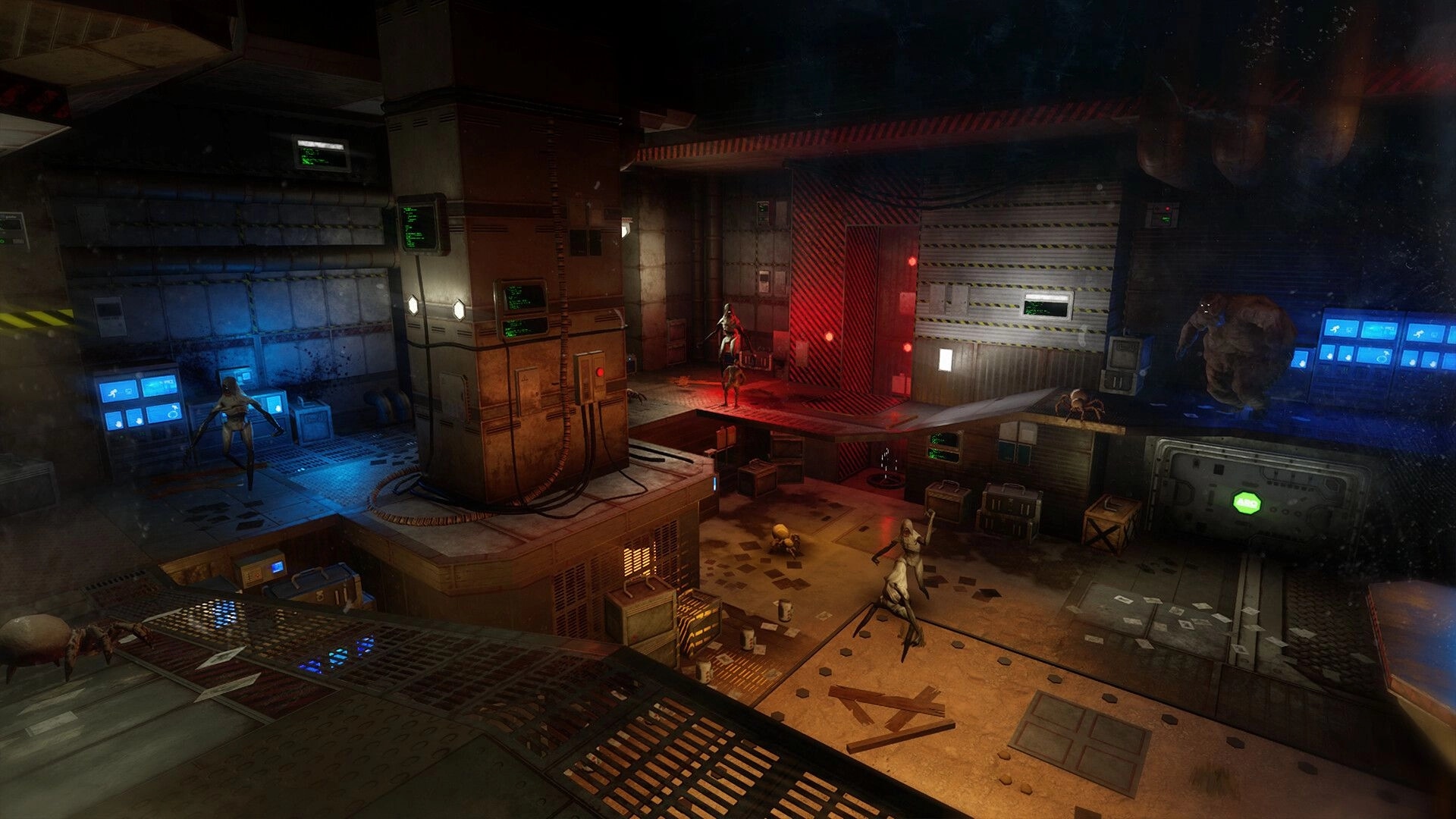 KILL BREACH: Alien creatures patrol a multi-level lab room with blue consoles and red blast door lights.