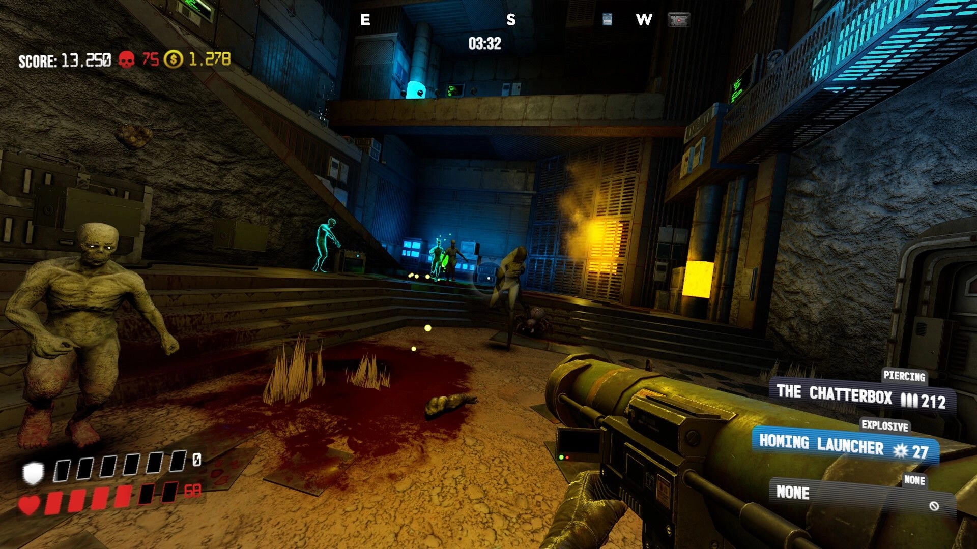 KILL BREACH: First-person homing launcher aimed at mutants in a bloodstained facility room with HUD stats.