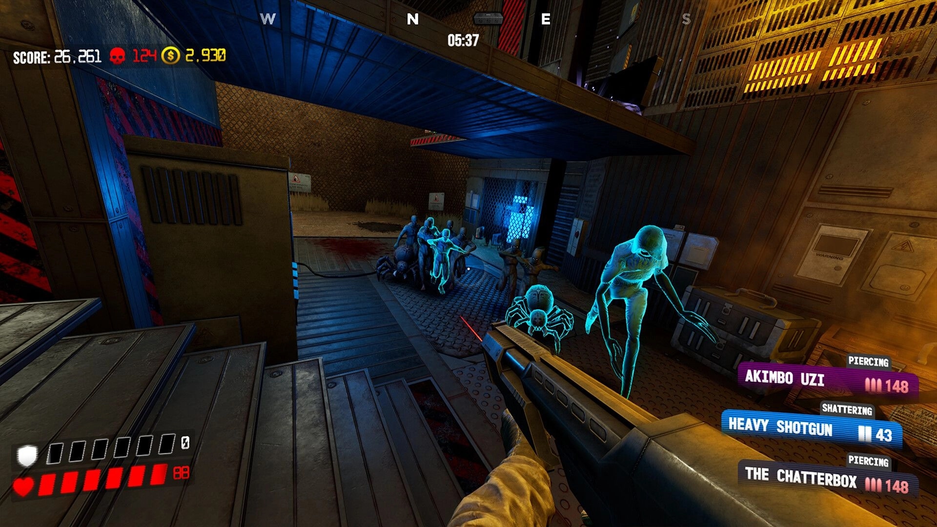 KILL BREACH: First-person shotgun aiming at glowing enemies in an industrial corridor with HUD timers.