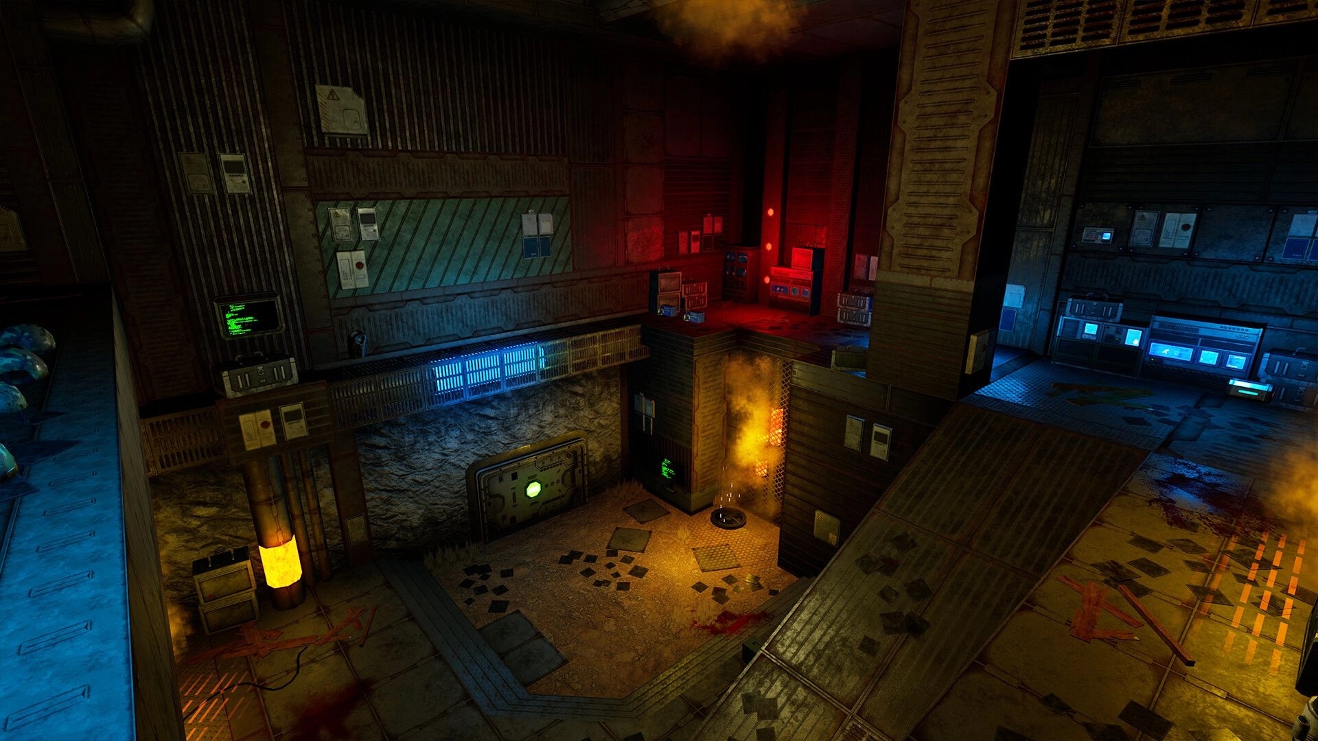 KILL BREACH: Empty industrial room with control panels, crates, blood stains, and smoke vents glowing red-blue.