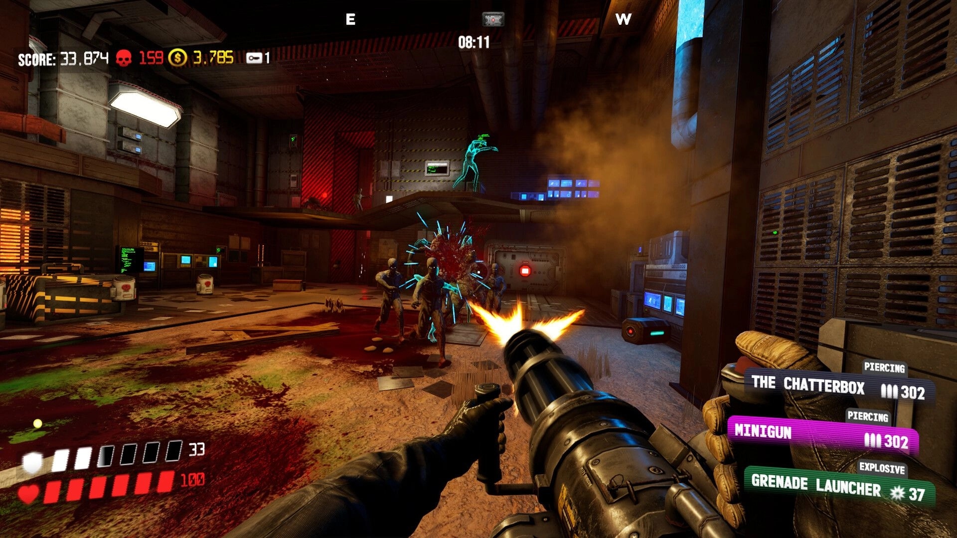 KILL BREACH: Minigun firing at rushing zombies in a bloody lab corridor with weapon and score HUD.