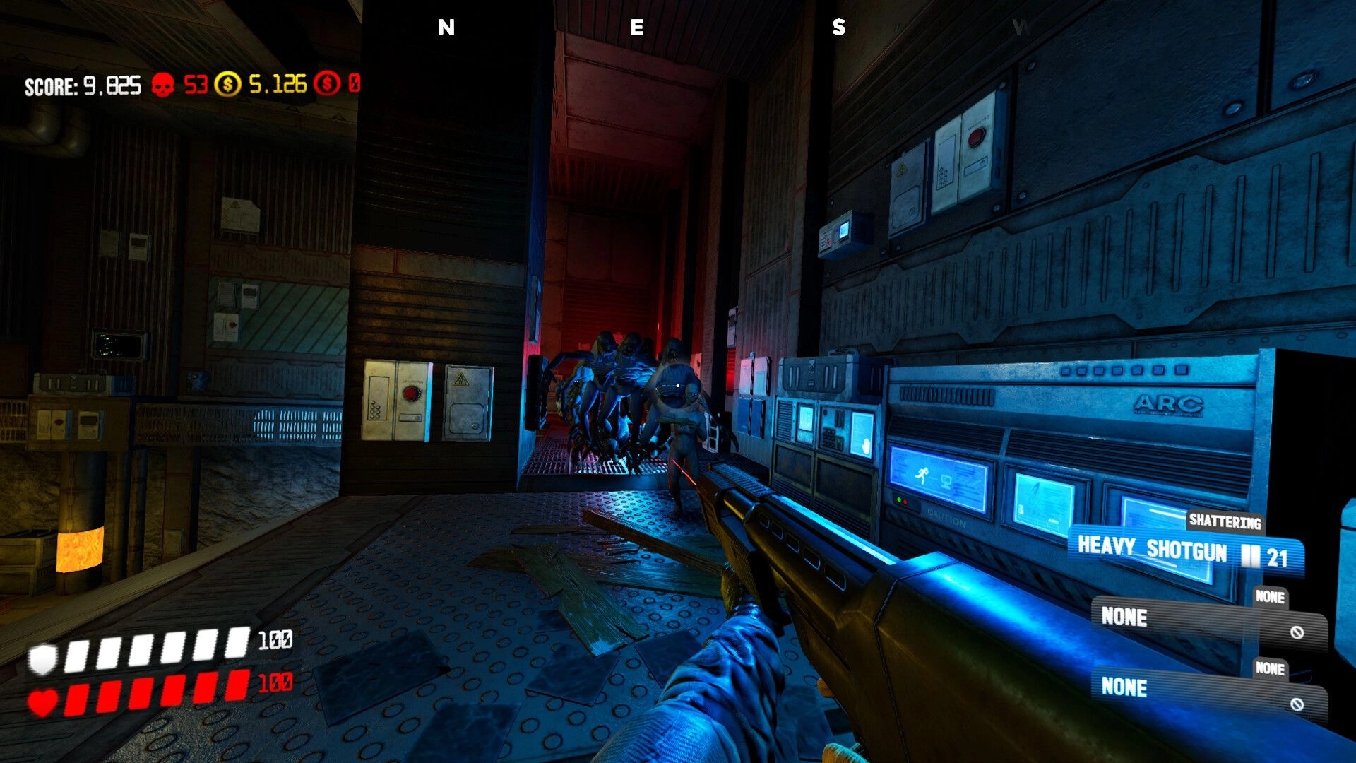 KILL BREACH: Heavy shotgun aimed at a horde in a blue-lit metal corridor with score HUD and ammo count.