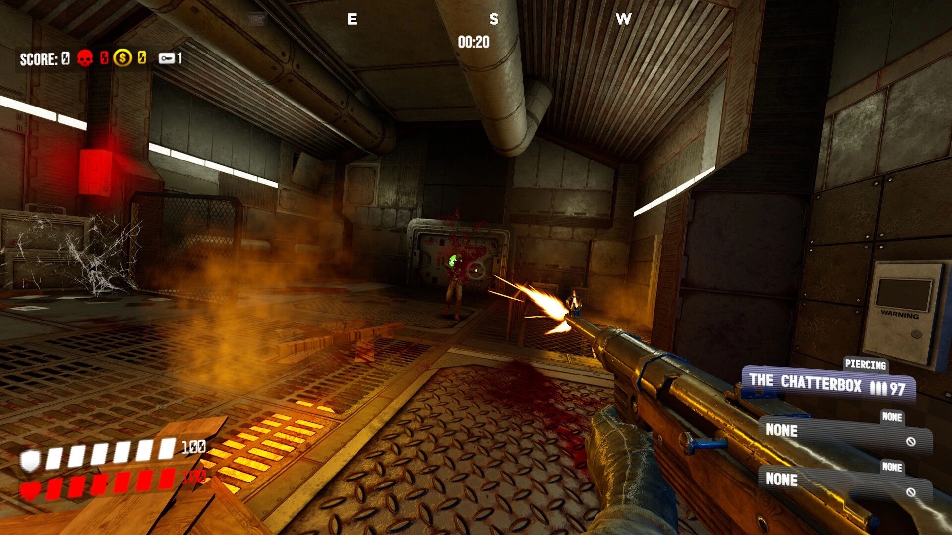 KILL BREACH: First-person shotgun blast at a mutant in a smoky metal corridor with HUD timer and score.