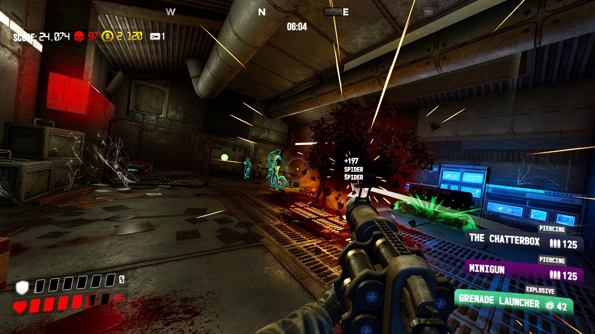 KILL BREACH: First-person shotgun blast splatters spiders in a dim industrial lab with HUD stats.