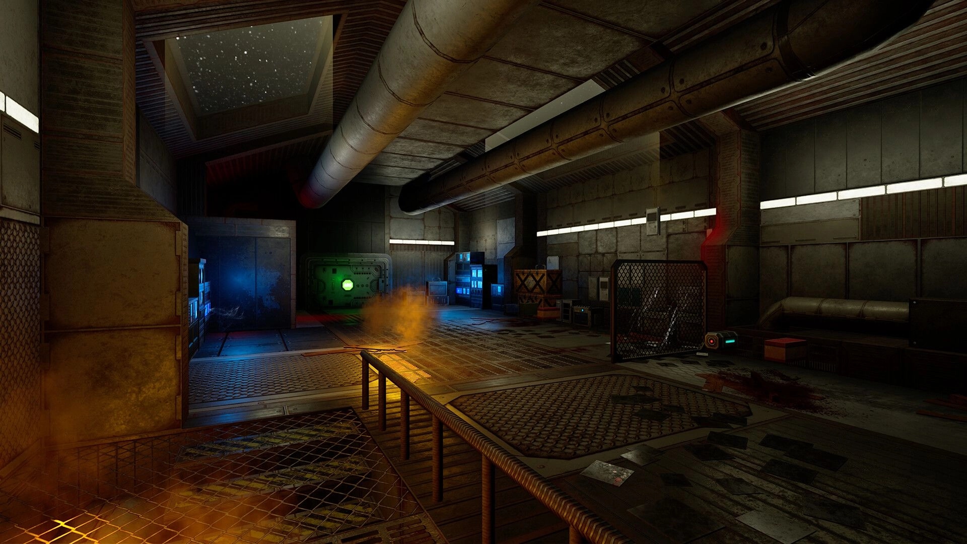 KILL BREACH: Empty industrial room with pipes and crates, orange smoke drifting by a green door.