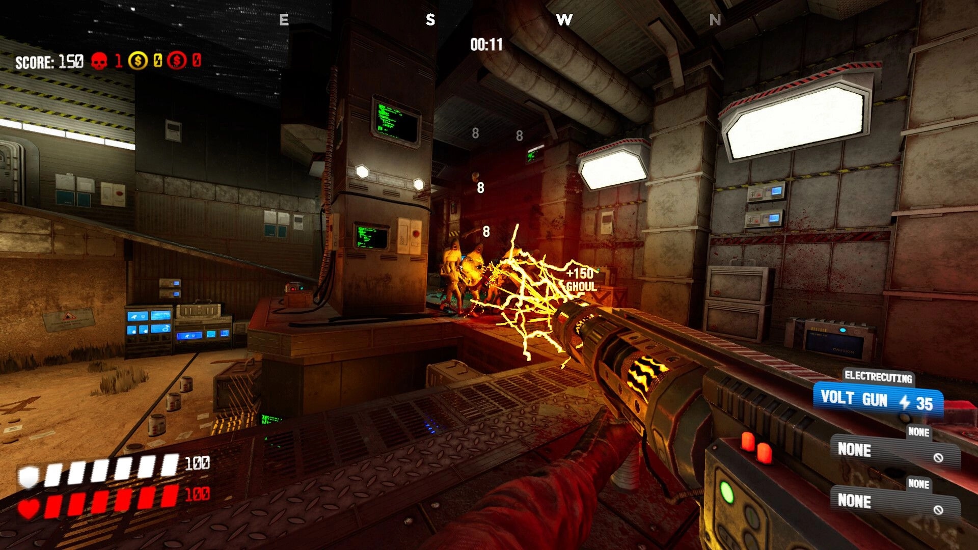 KILL BREACH: First-person Volt Gun electrocutes ghouls in an industrial facility room with HUD score and ammo.