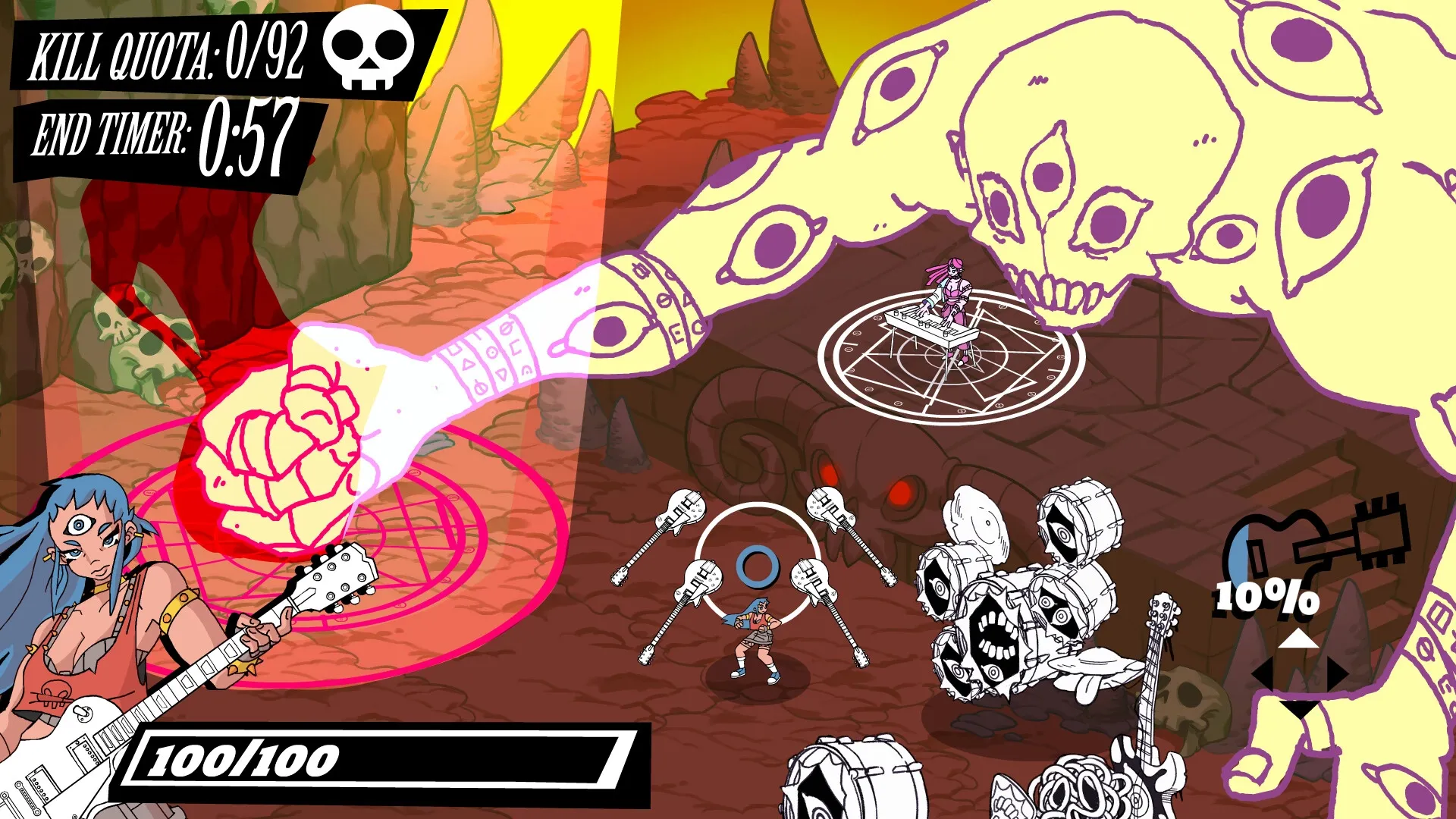 Kill The Music: Player with guitar battles enemies and giant creature in a rocky, skull-filled landscape.