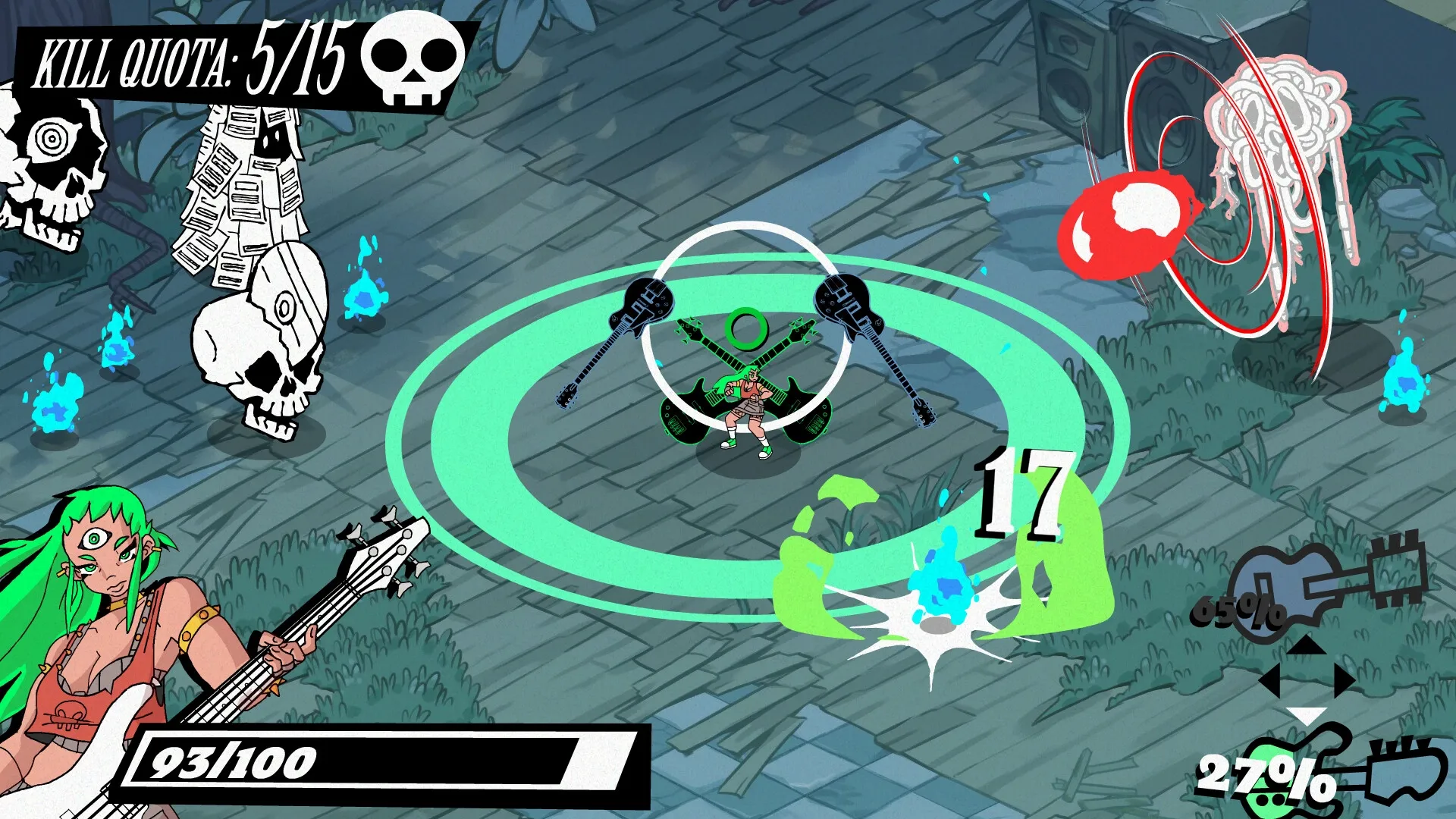 Kill The Music: Player battles enemies with musical notes in arena, kill quota 5/15, score 93/100.