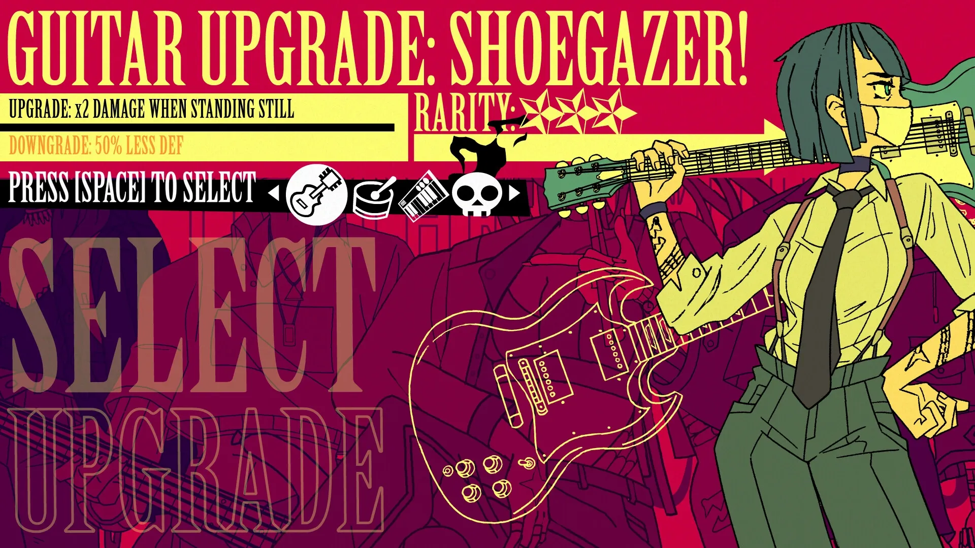 Kill The Music: Character with guitar selects upgrade in menu showing rarity and damage details.