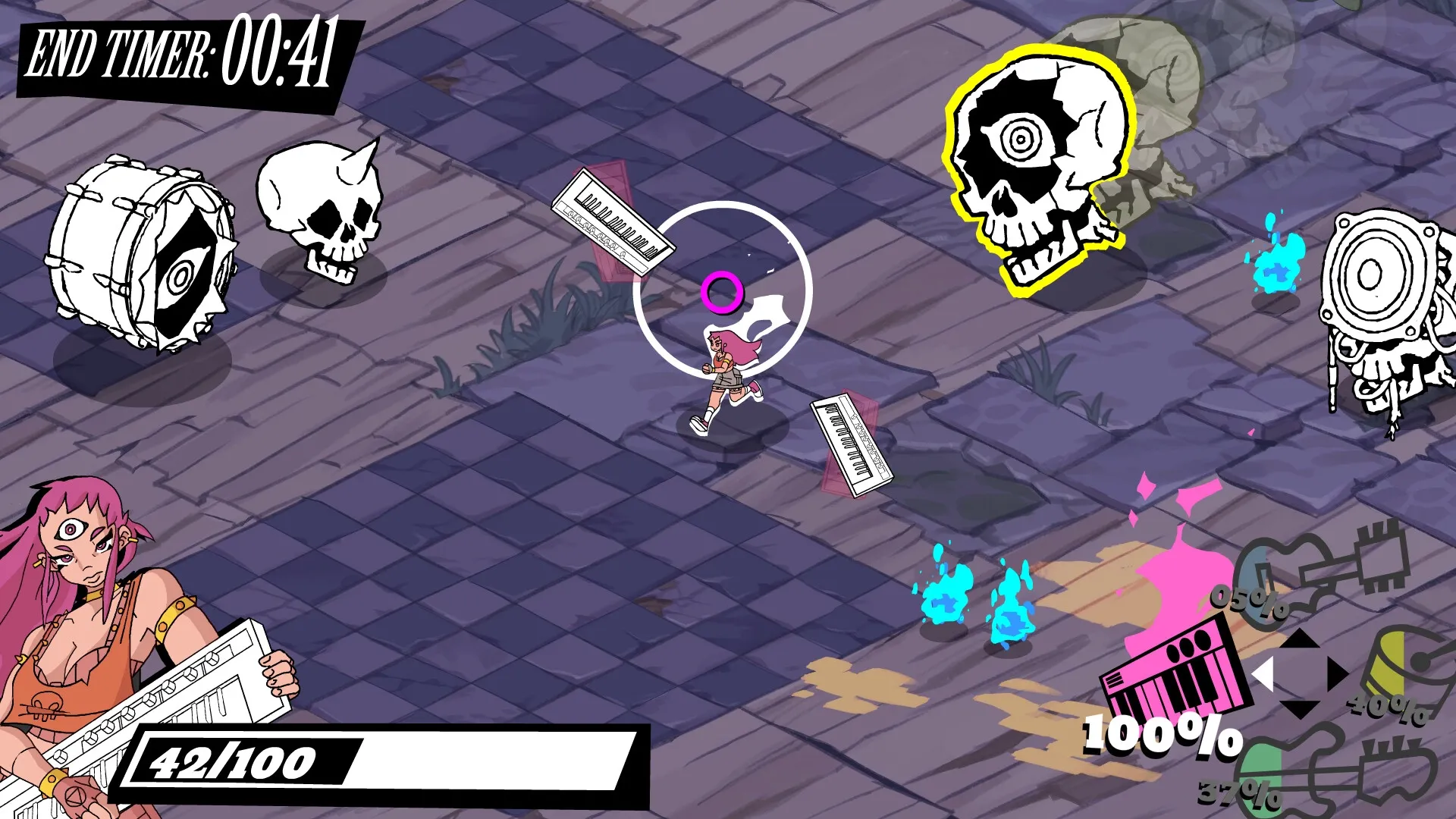 Kill The Music: Player dodges skull enemies in a tiled arena with keyboard weapons and health bar.
