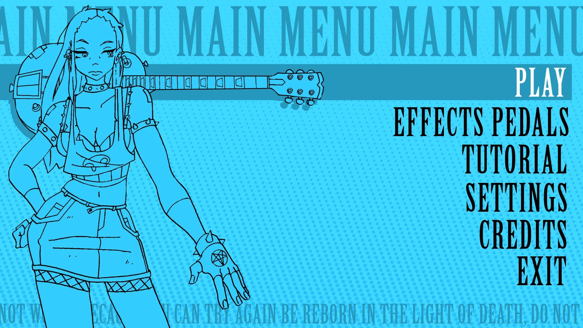 Kill The Music: Main menu with character holding guitar and options like play, settings, and exit visible