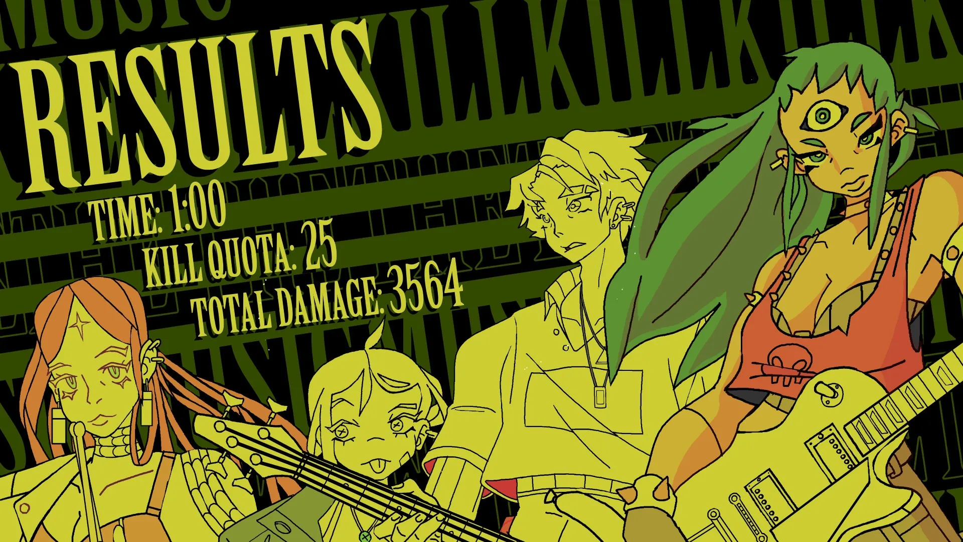 Kill The Music: Results screen with time, kill quota, total damage, and characters holding instruments
