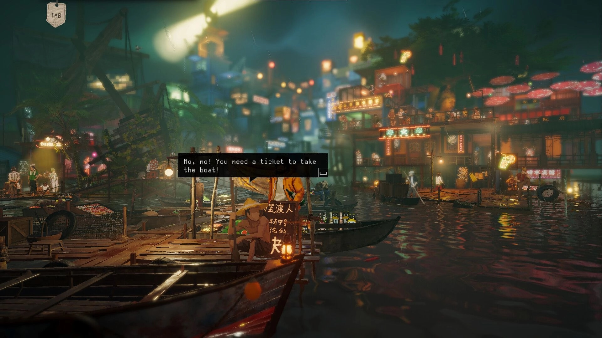 Kill The Shadow: Detective Lucas at a bustling dock, denied boat access without a ticket in a neon-lit city.