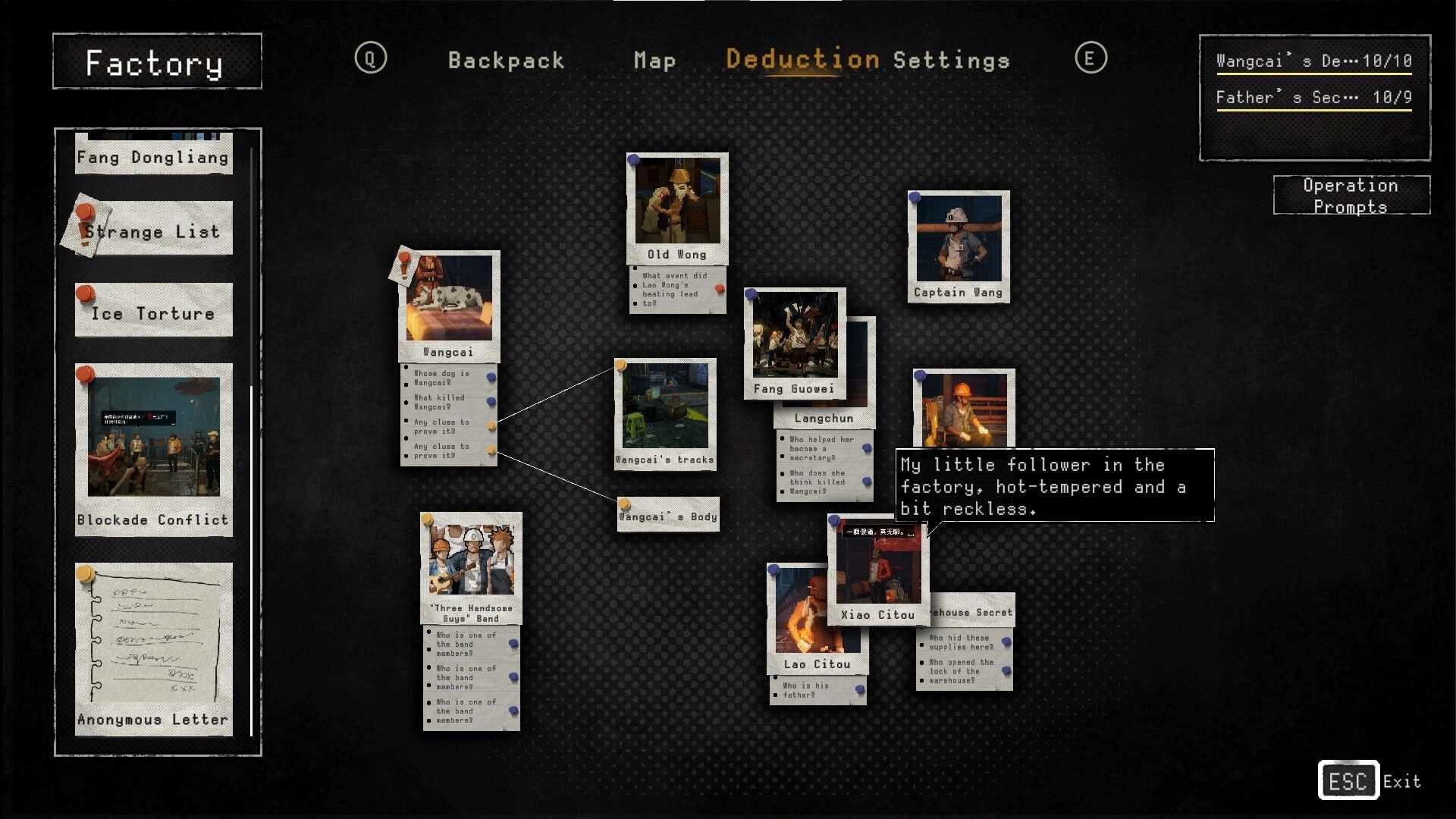 Kill The Shadow: Deduction board with character connections and notes in a factory investigation setting