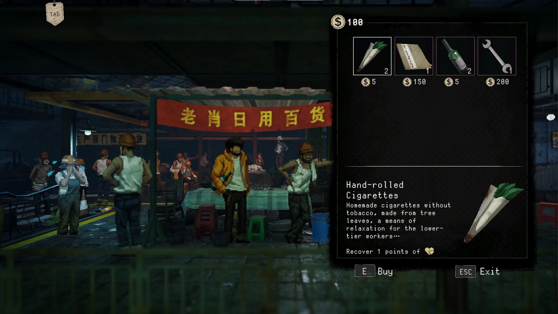 Kill The Shadow: Detective Lucas browsing item menu at night market with hand-rolled cigarettes info