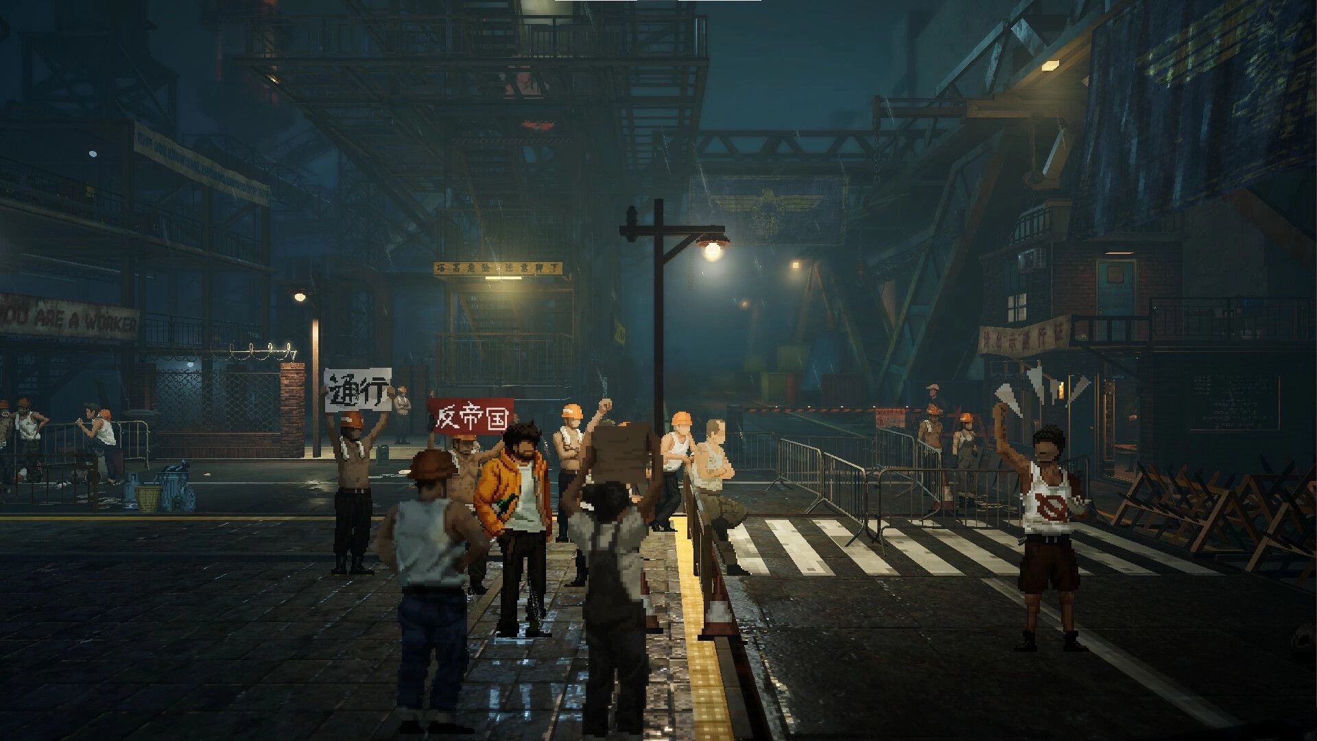 Kill The Shadow: Protesters holding signs confront guards in a dimly lit, industrial city street.