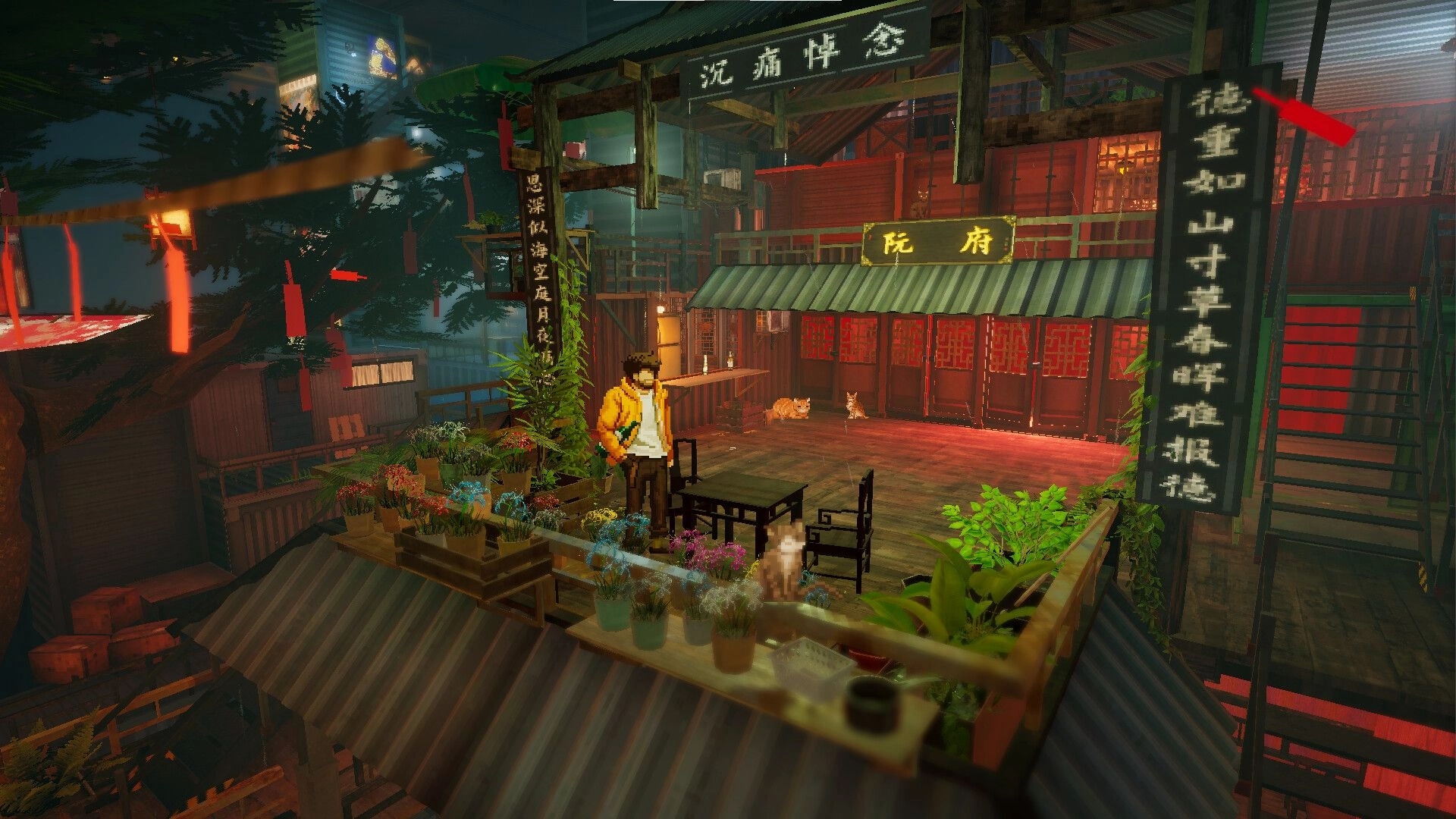 Kill The Shadow: Detective Lucas on a balcony overlooking a lush, lantern-lit courtyard with cats