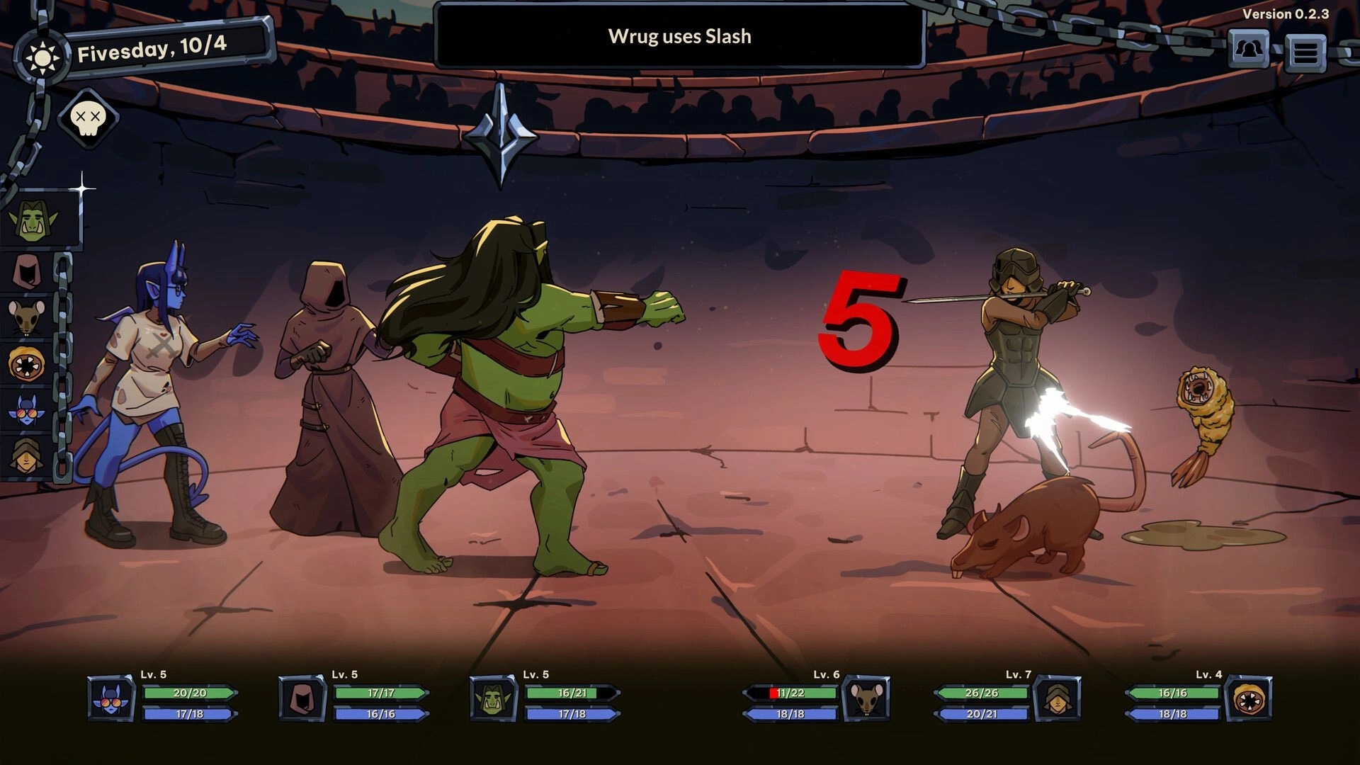 Kill Your Darlings: Wruq uses Slash in dungeon combat arena, party UI and damage number 5 shown.