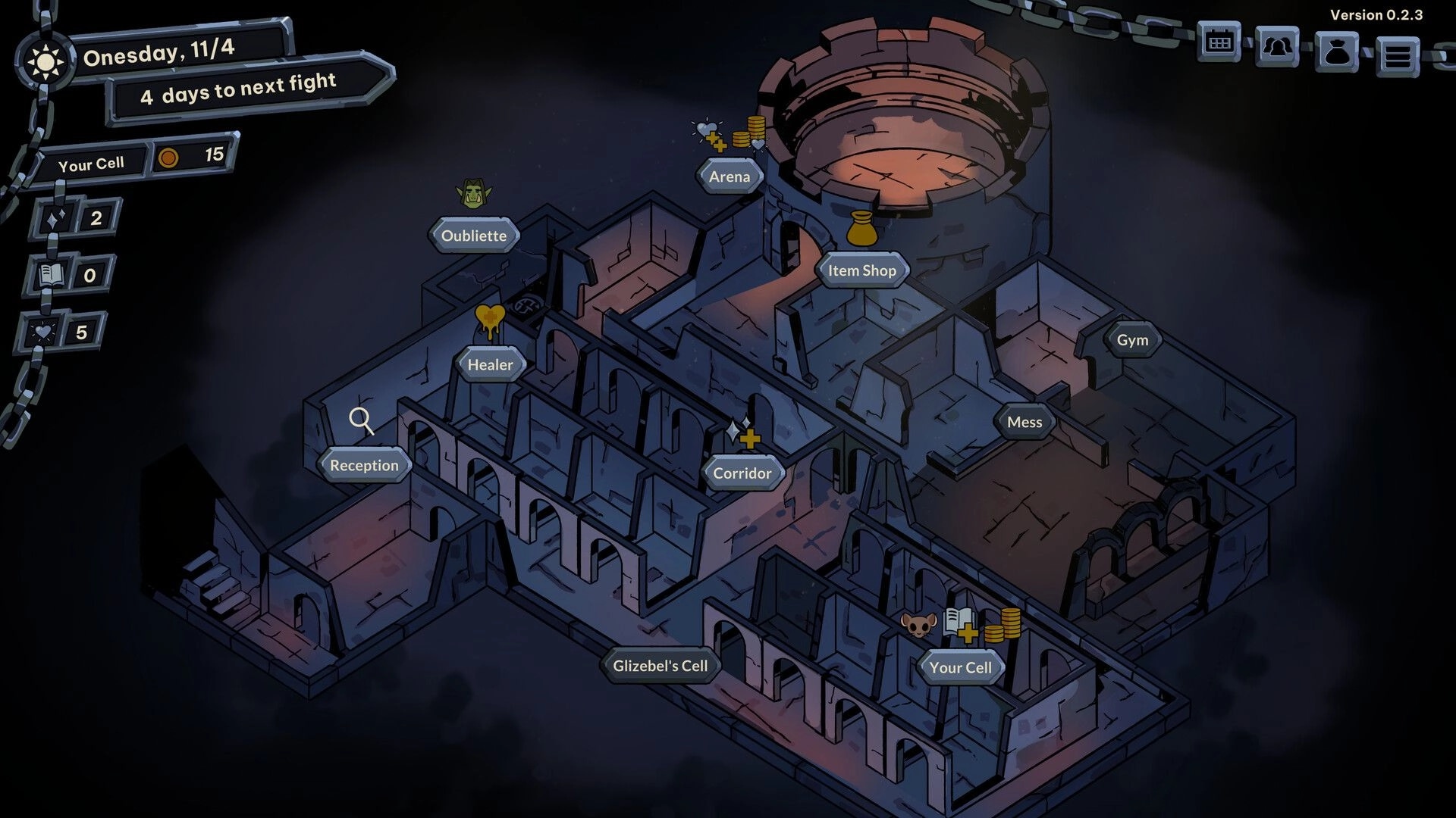 Kill Your Darlings: Dungeon map screen with cell blocks and icons for Arena, Gym, Mess, Shop.