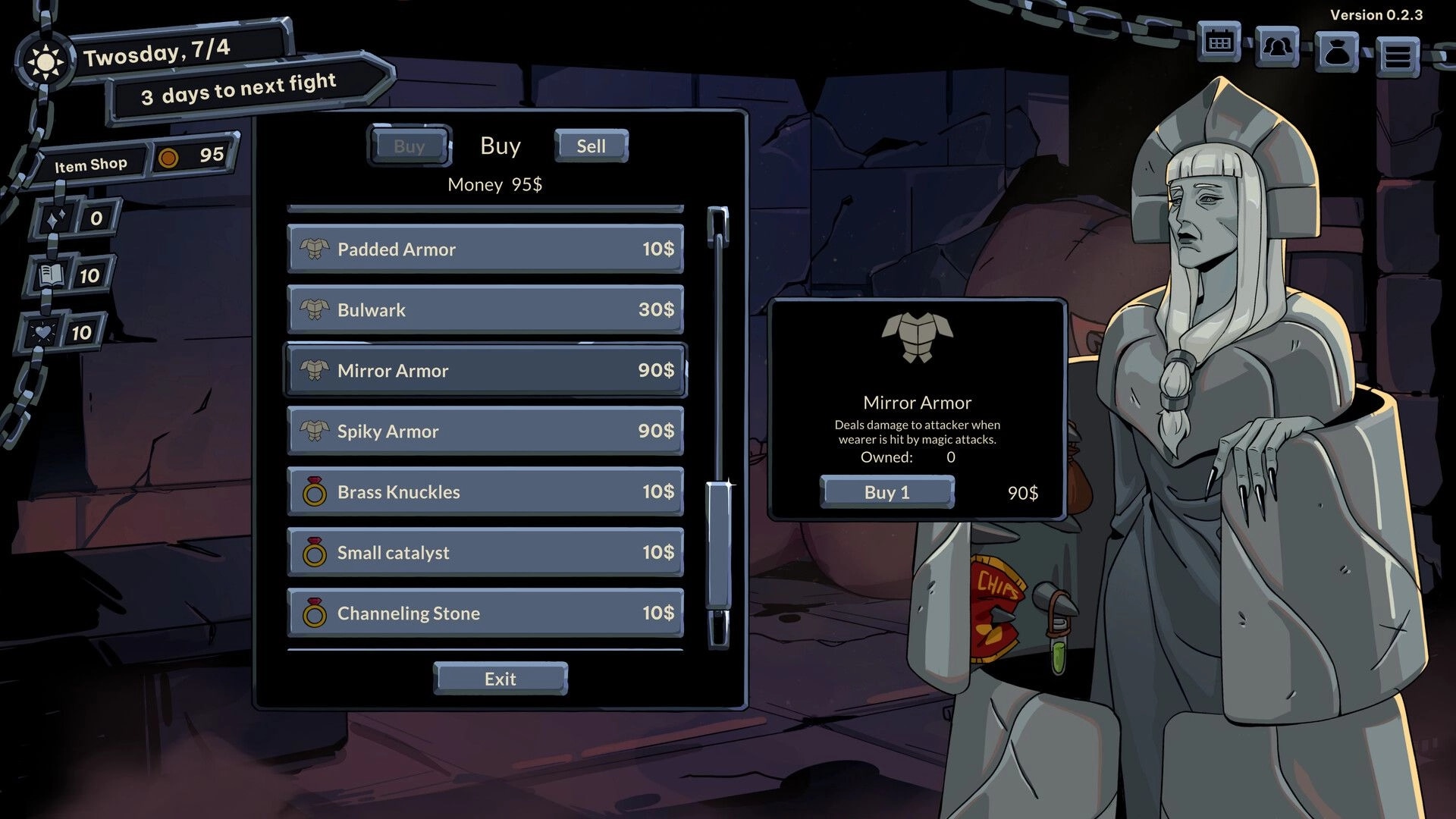 Kill Your Darlings: Item shop buy/sell menu listing armors and trinkets, ghostly vendor in dungeon.