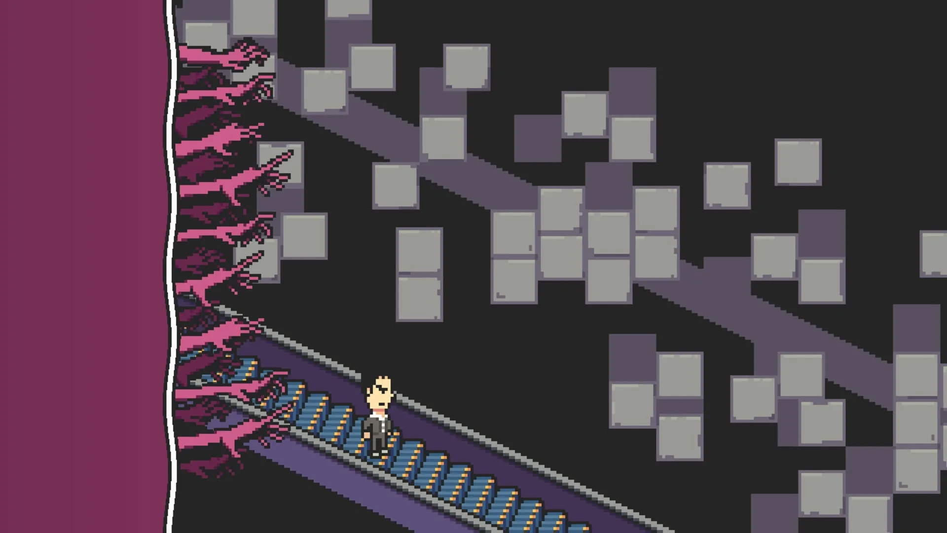 Kill Your Heart: Character descends escalator surrounded by eerie pink hands in abstract dark setting