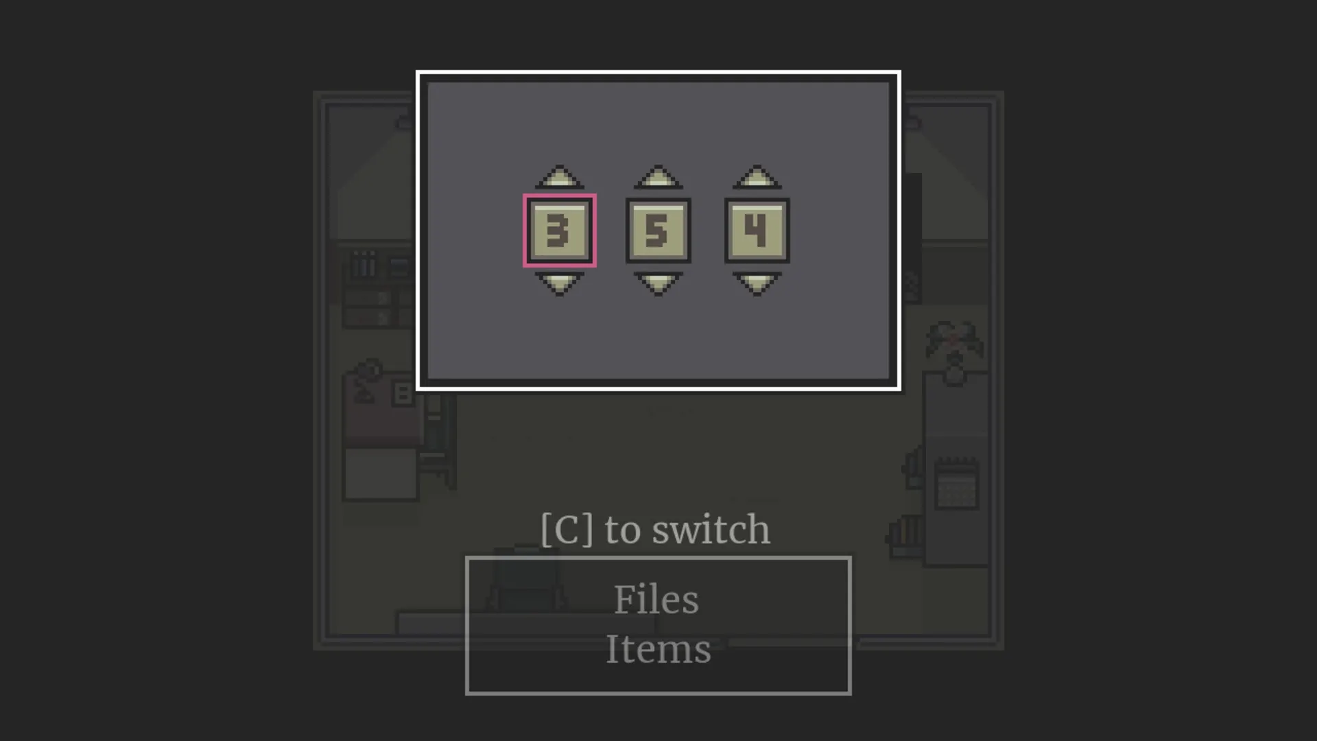 Kill Your Heart: Puzzle interface with number dials in a dark room, options to switch files or items.