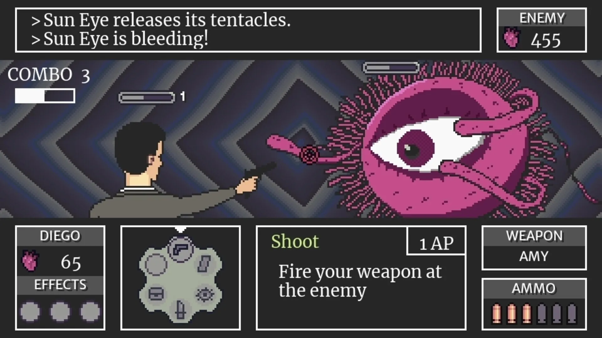 Kill Your Heart: Diego battles Sun Eye with a gun, using abilities in a dark, surreal environment.