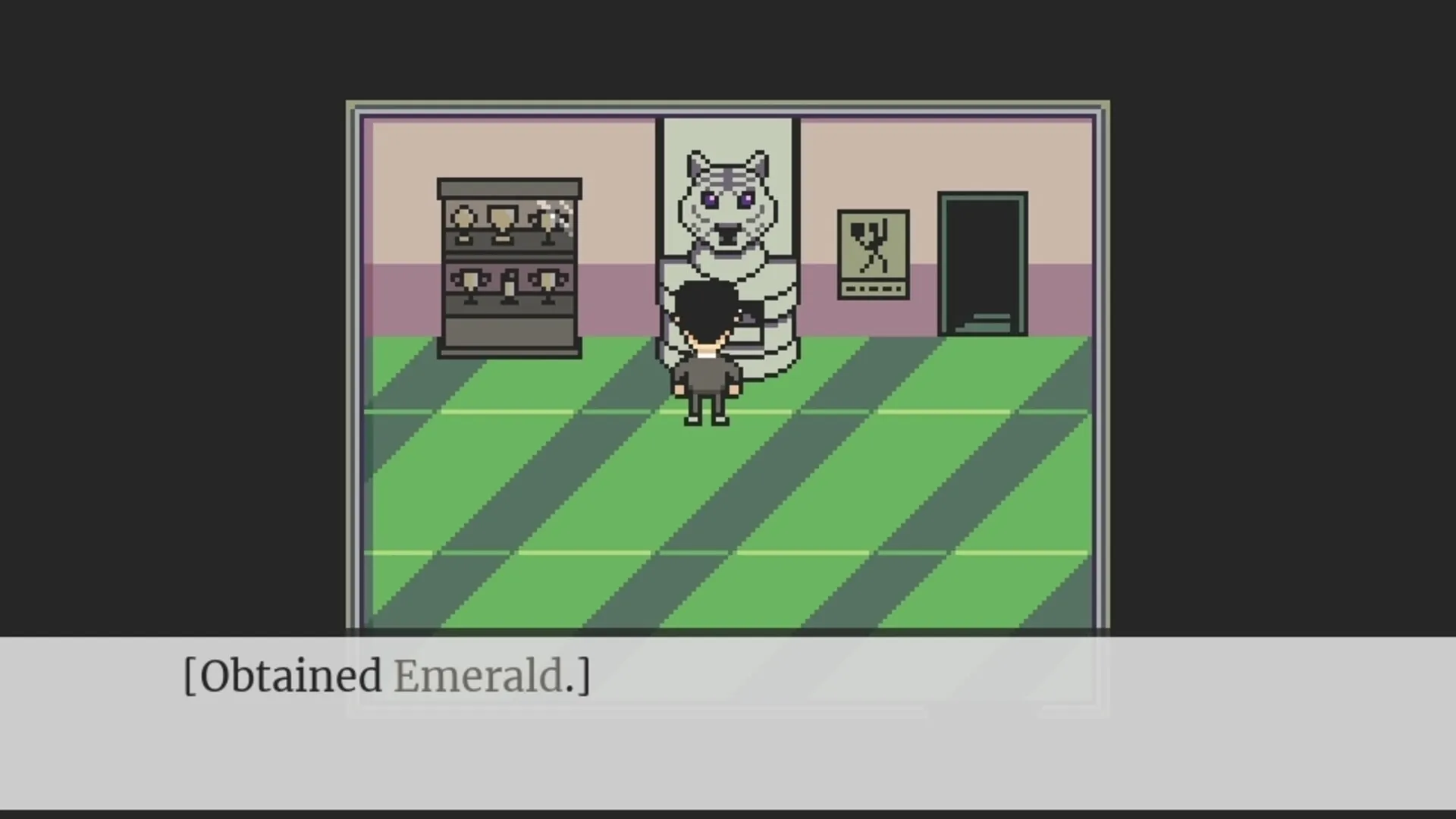 Kill Your Heart: Character stands before a wolf statue in a small room after obtaining an emerald.