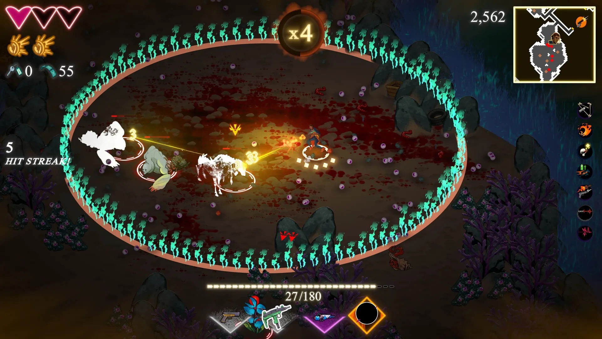 KILLBEAT: Player fights enemies in a circular arena with a combo counter and health indicators visible.