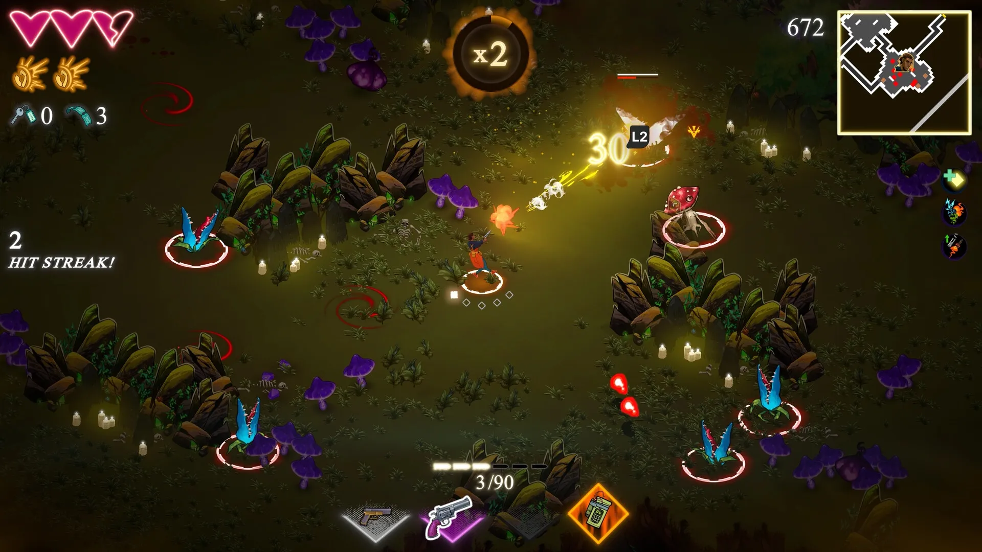 KILLBEAT: Player battles enemies with hit streak in dark forest, UI shows health and map in top corners.