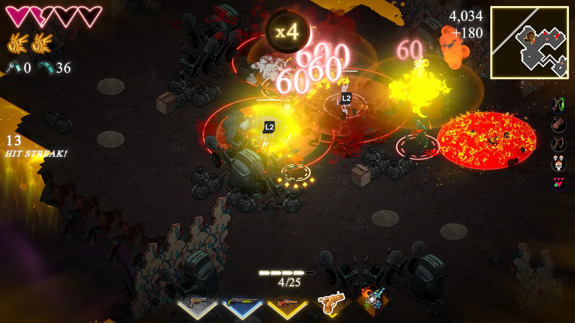 KILLBEAT: Player engaging in combat with enemies, vibrant explosions, and mini-map in cavernous setting.