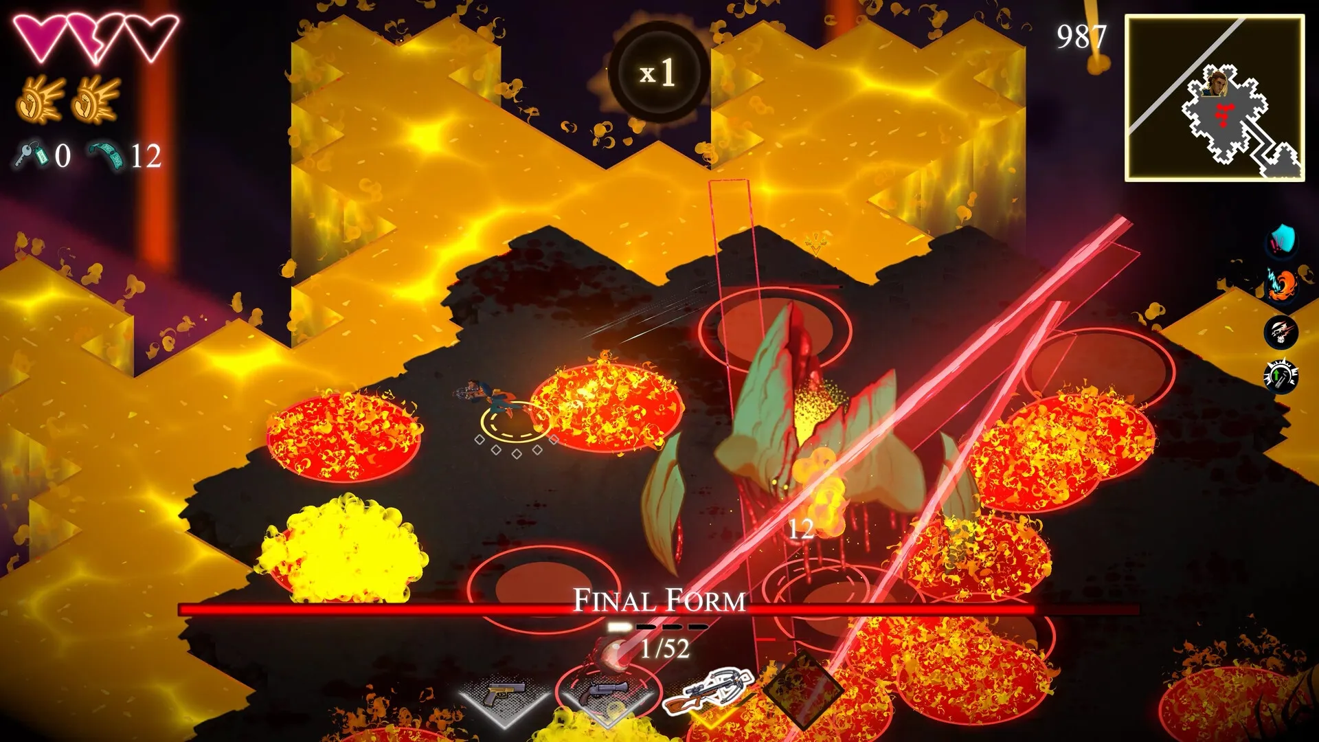 KILLBEAT: Intense boss battle in lava-filled arena with player health and enemy status displayed