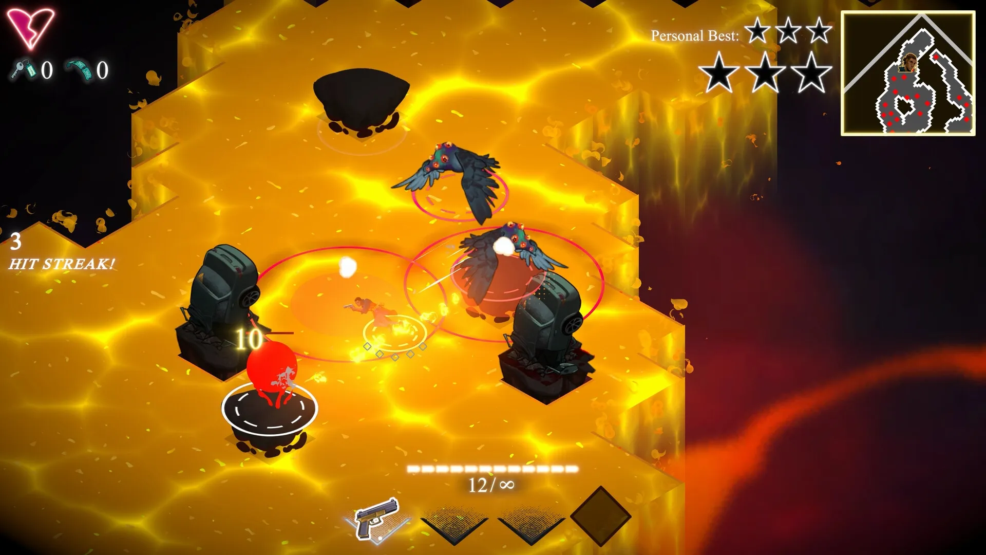 KILLBEAT: Player shoots at flying enemies on glowing hexagonal tiles with hit streak and map displayed.