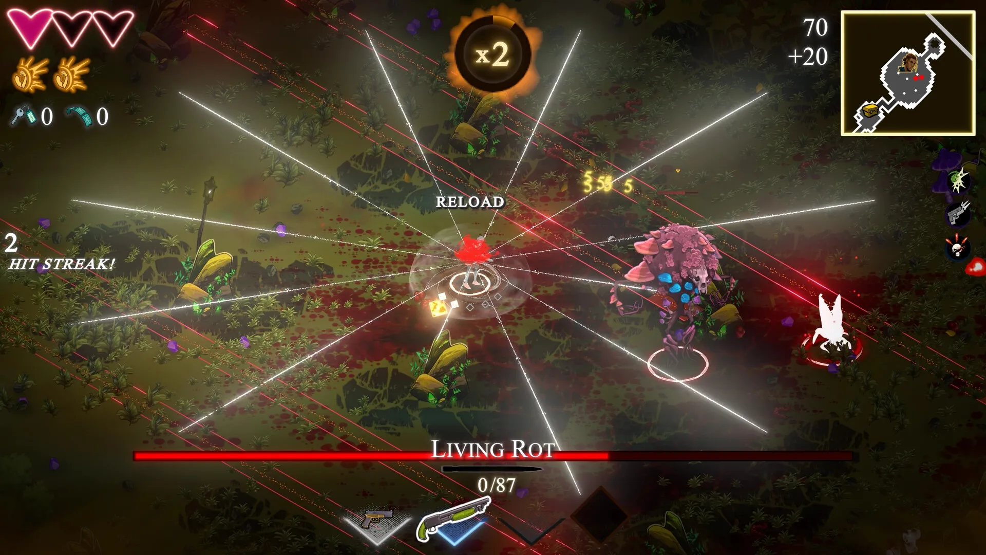KILLBEAT: Player reloading amidst combat with Living Rot in a forest clearing, map and HUD elements visible.