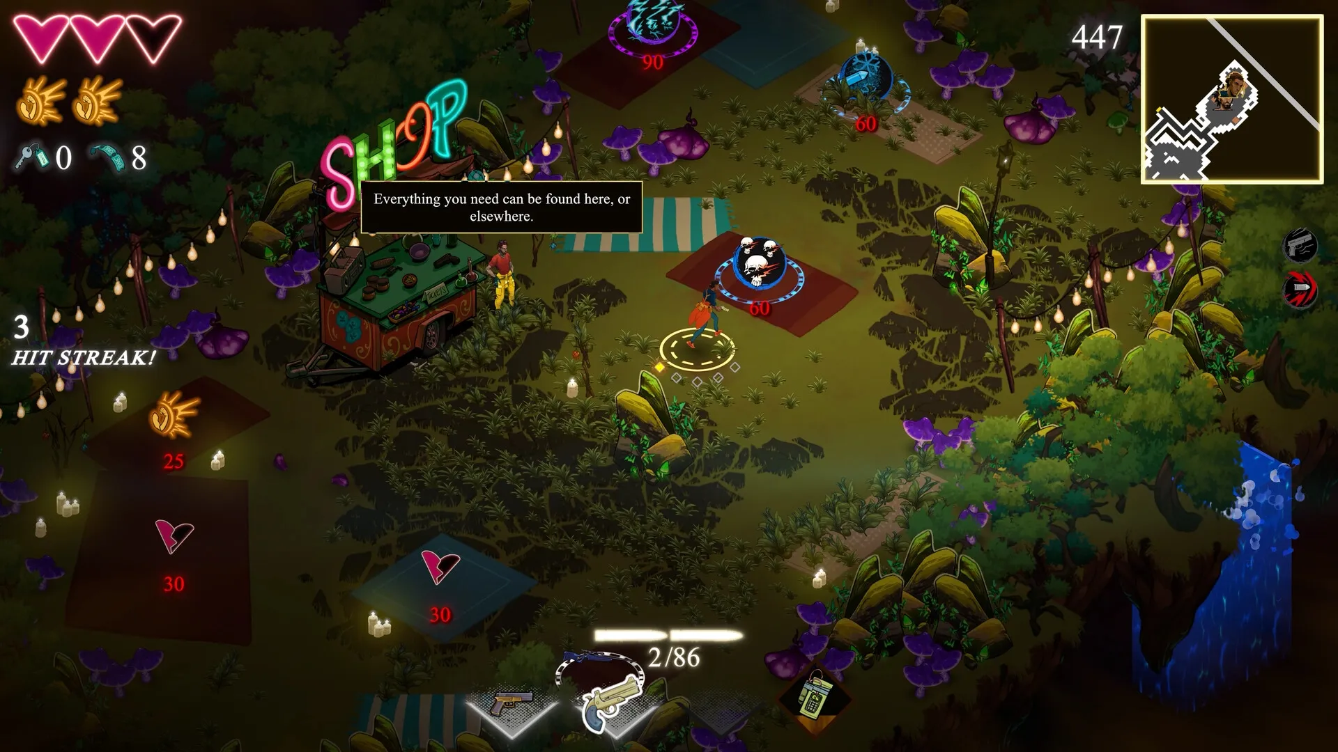 KILLBEAT: Player stands by a shop in a forest clearing, with health and currency displayed in the UI.