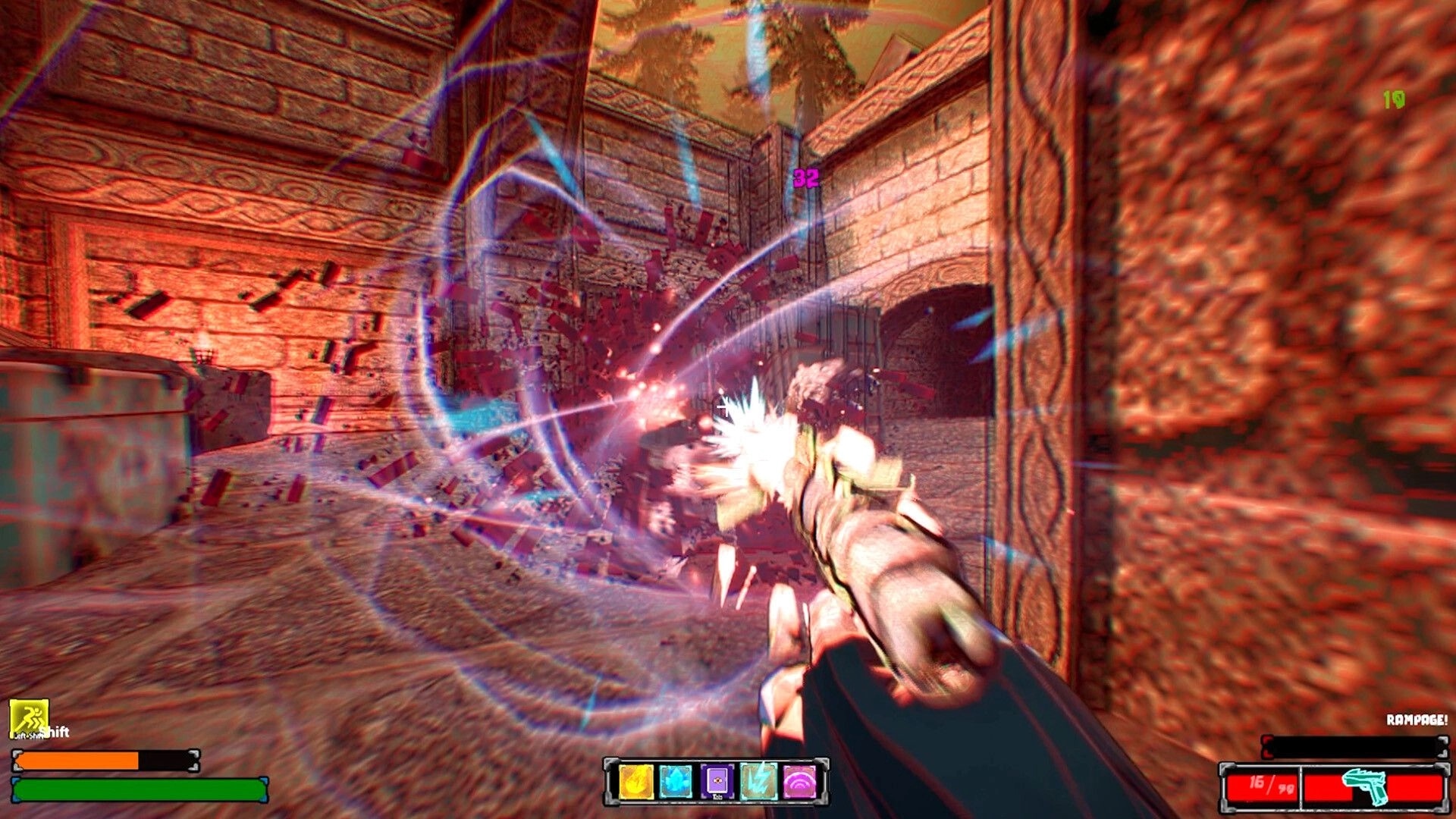 KILLBOUND: First-person spell blast hits enemy with damage number in a stone corridor arena UI visible.