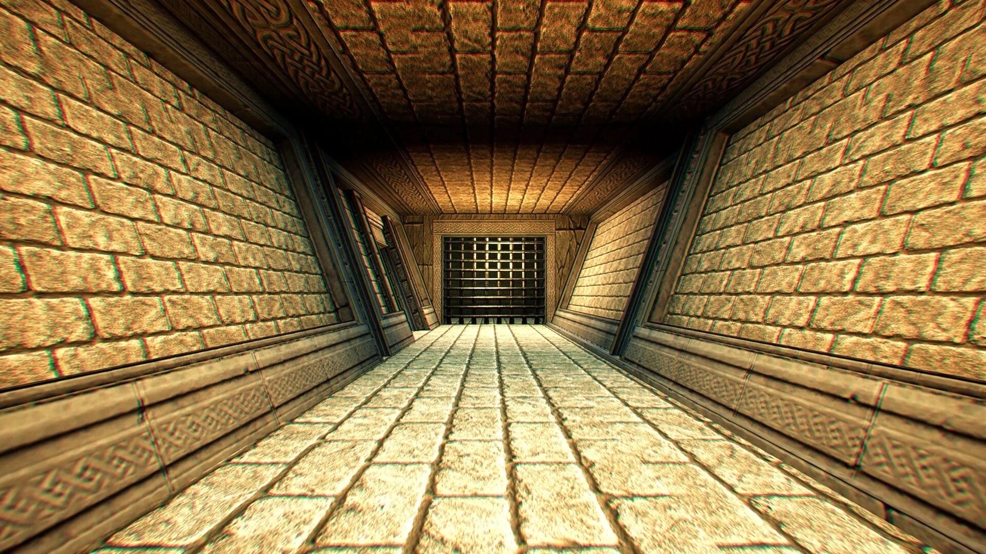 KILLBOUND: First-person view down a brick corridor toward a barred gate in a dim stone dungeon hall.
