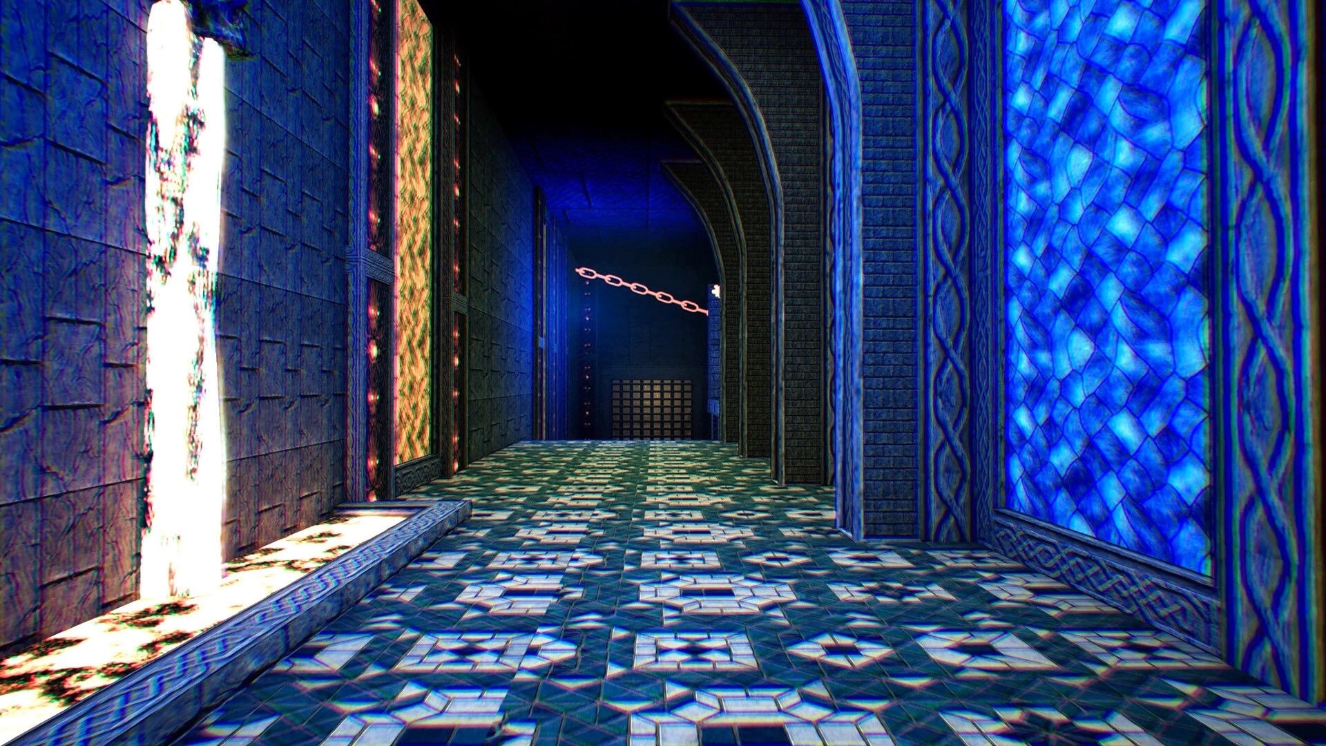 KILLBOUND: First-person view down blue stained-glass corridor with tiled floor and barred gate ahead.
