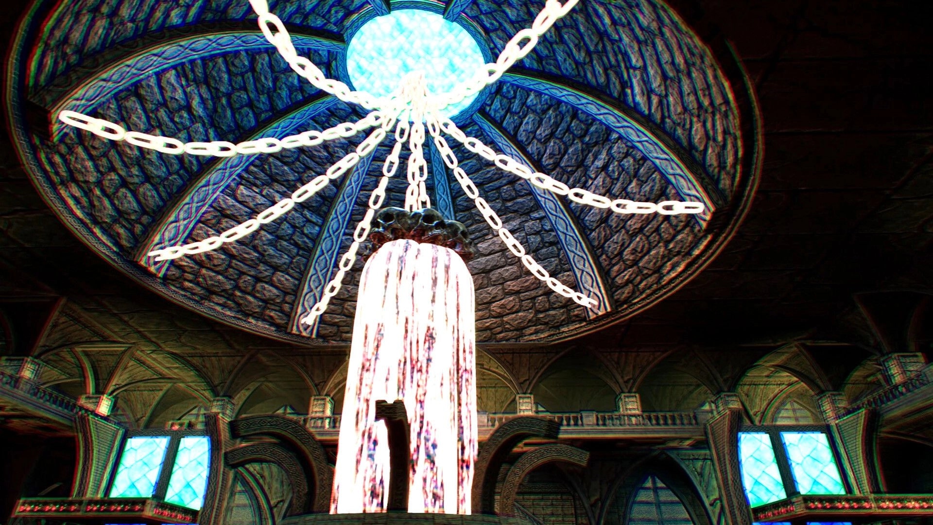 KILLBOUND: Glowing chained orb and cascading light stream under a stone dome in a gothic hall.