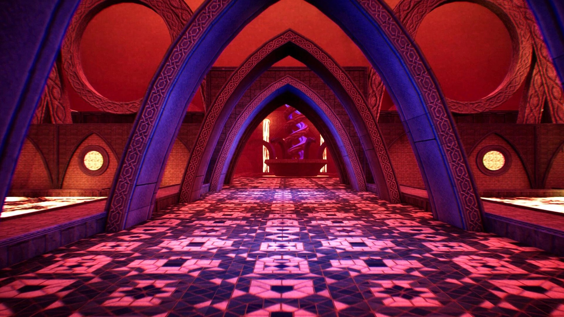 KILLBOUND: First-person view down a red tiled hall of gothic arches toward a glowing purple altar.
