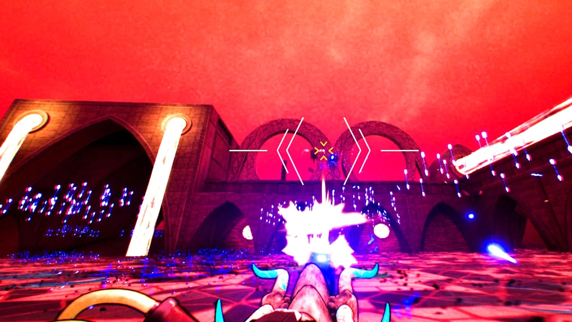 KILLBOUND: First-person gunfire at a flying enemy amid stone arches under a red sky, crosshair centered.