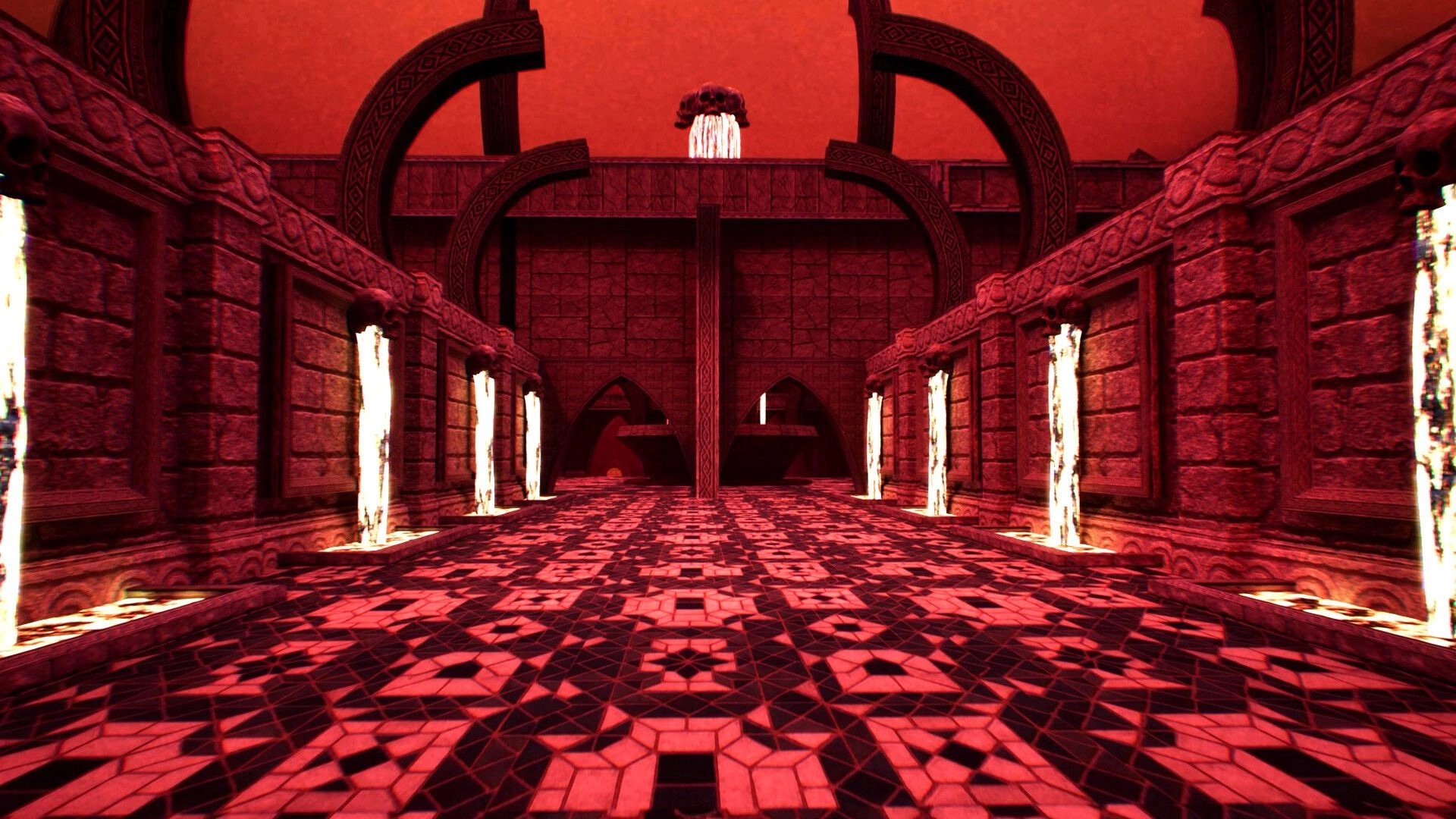 KILLBOUND: First-person view down a red stone corridor with glowing wall pillars and archways ahead.