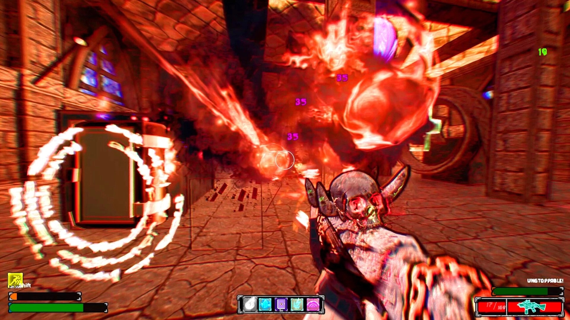 KILLBOUND: First-person firefight with horned gun and damage numbers in a stone dungeon corridor.