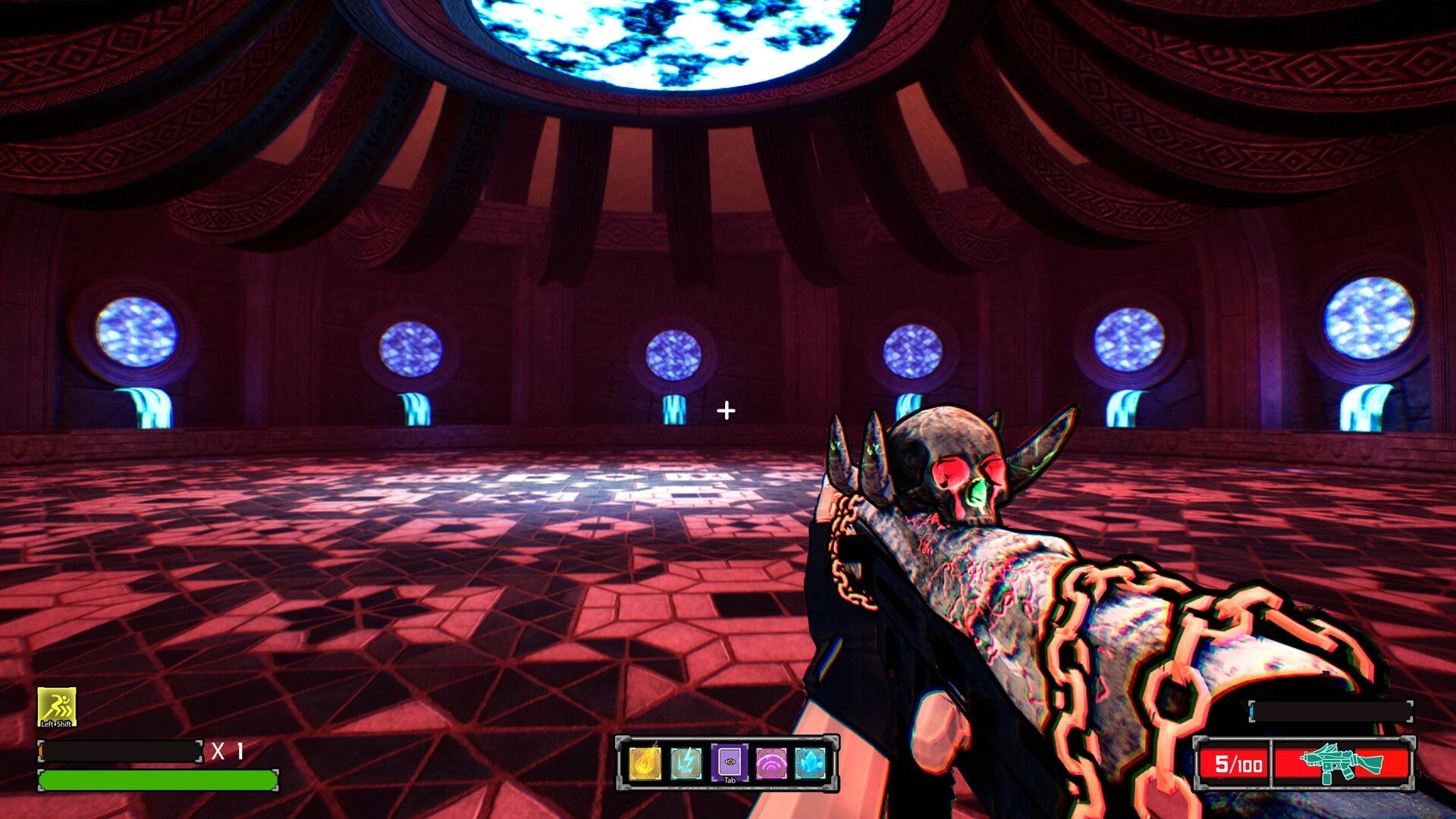 KILLBOUND: First-person view aiming a chained rifle in a red domed hall with blue portals and HUD.