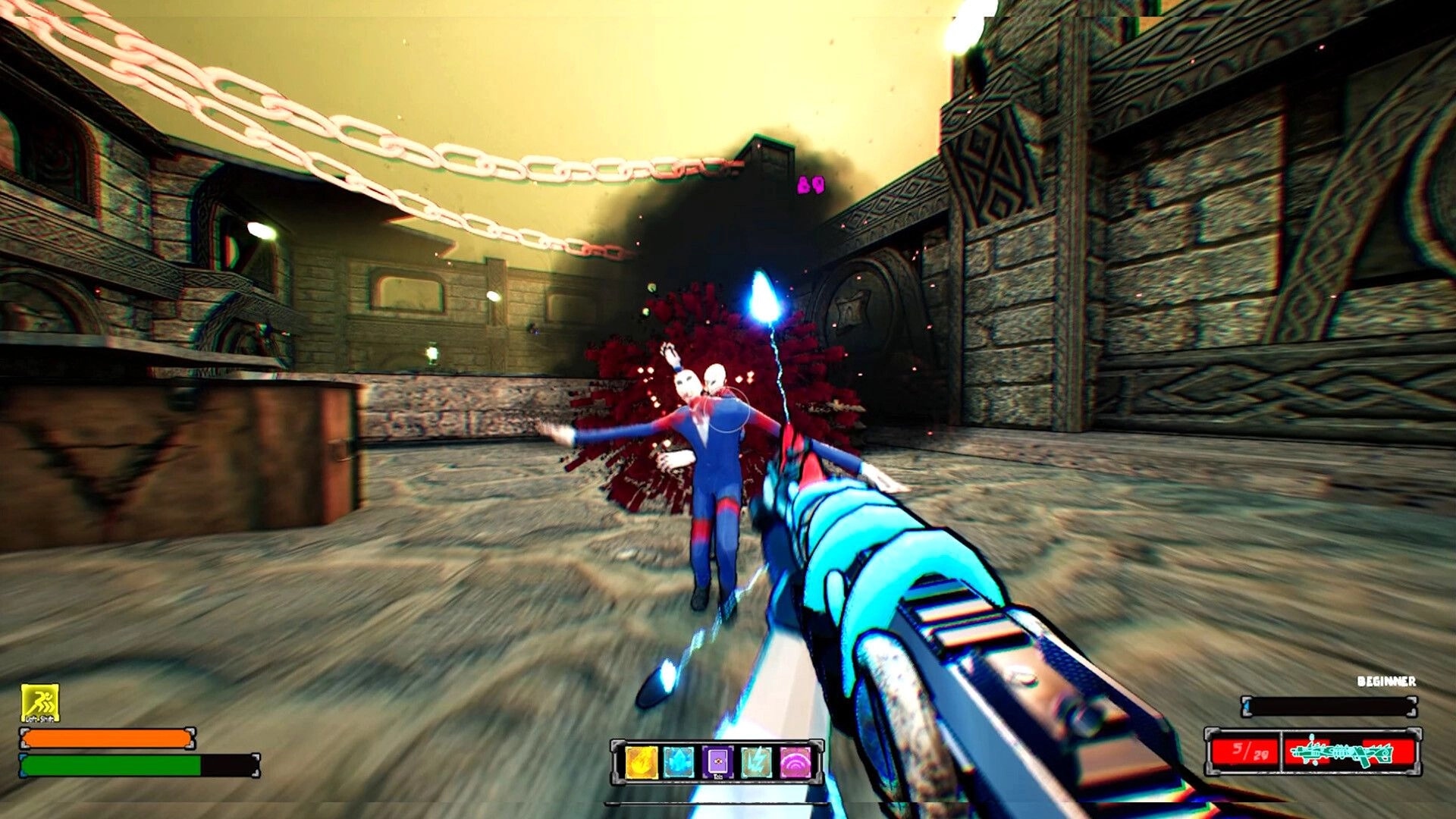 KILLBOUND: First-person blast hits a suited enemy in a stone courtyard, HUD bars and ammo visible.