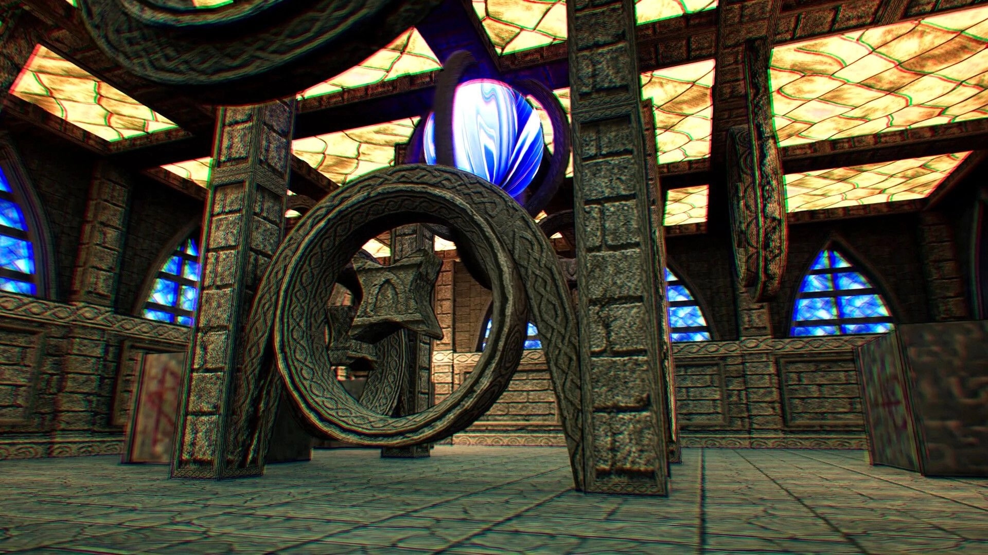 KILLBOUND: Stone ring portal with blue energy orb inside a stained-glass lit temple chamber.