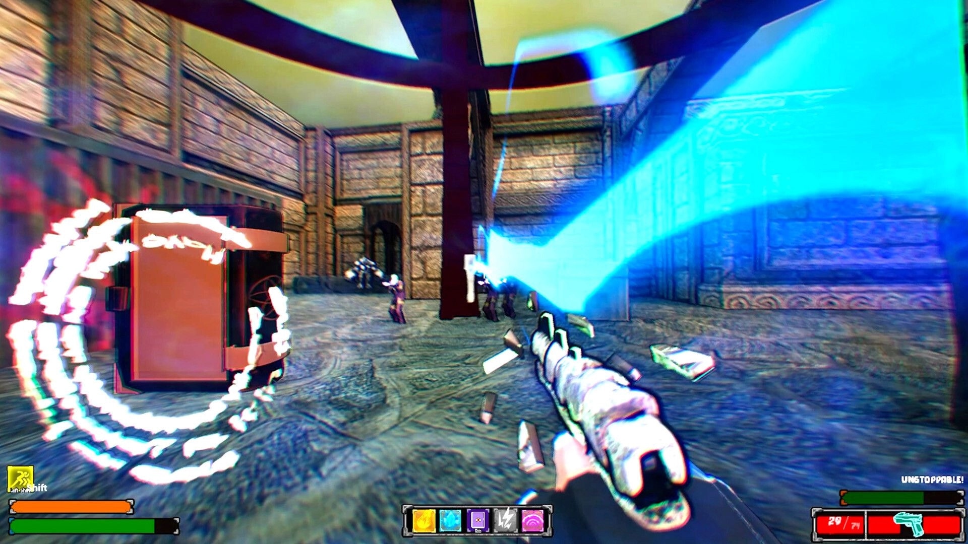 KILLBOUND: Blue energy beam fired from rifle at enemies in stone courtyard, HUD bars and abilities visible.