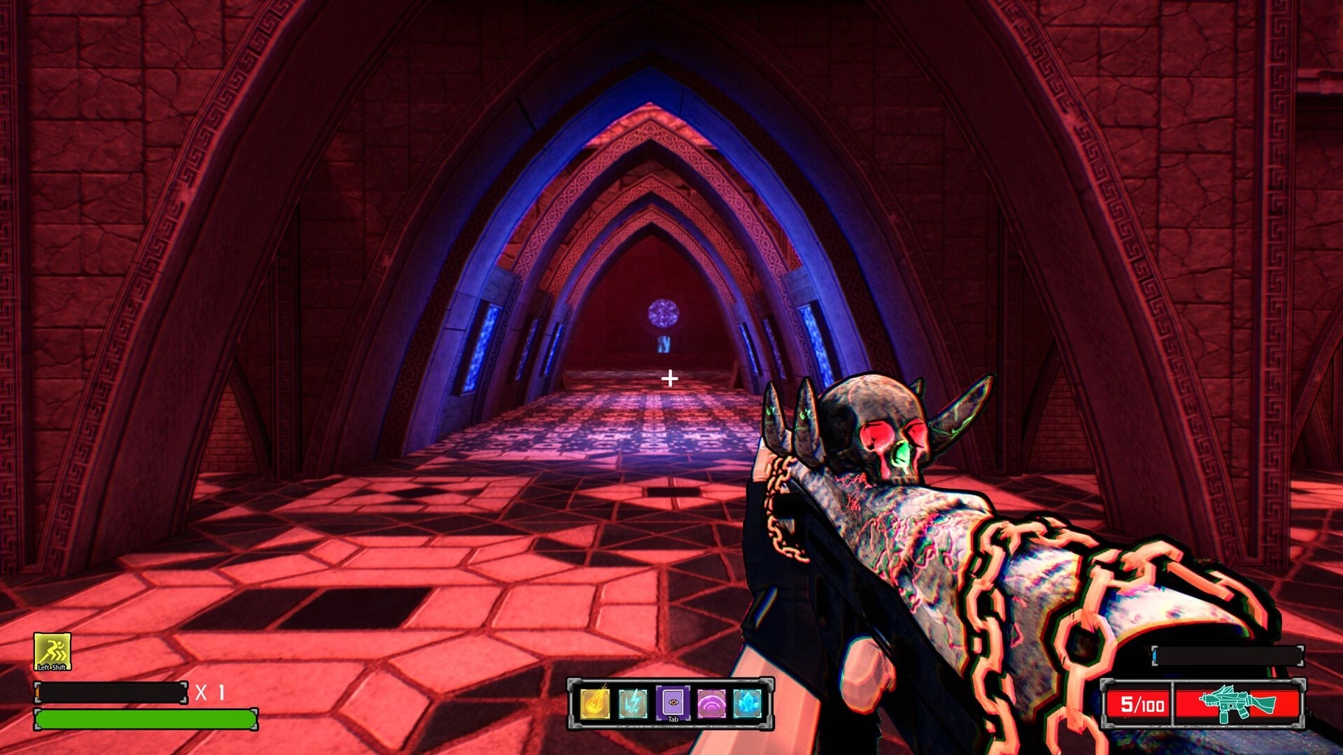 KILLBOUND: First-person rifle aimed down red arched corridor, crosshair and ammo HUD visible.