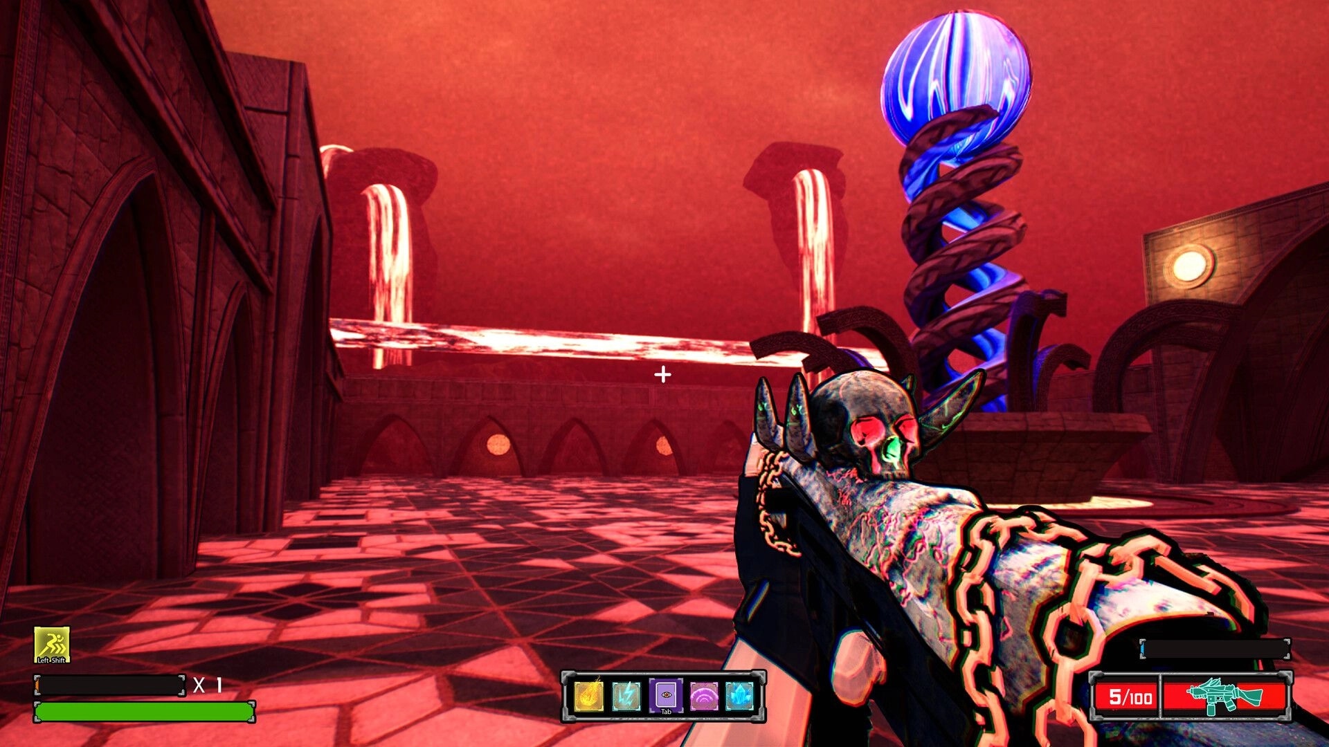KILLBOUND: First-person aim with chained rifle in red courtyard, glowing blue spiral tower ahead HUD visible.